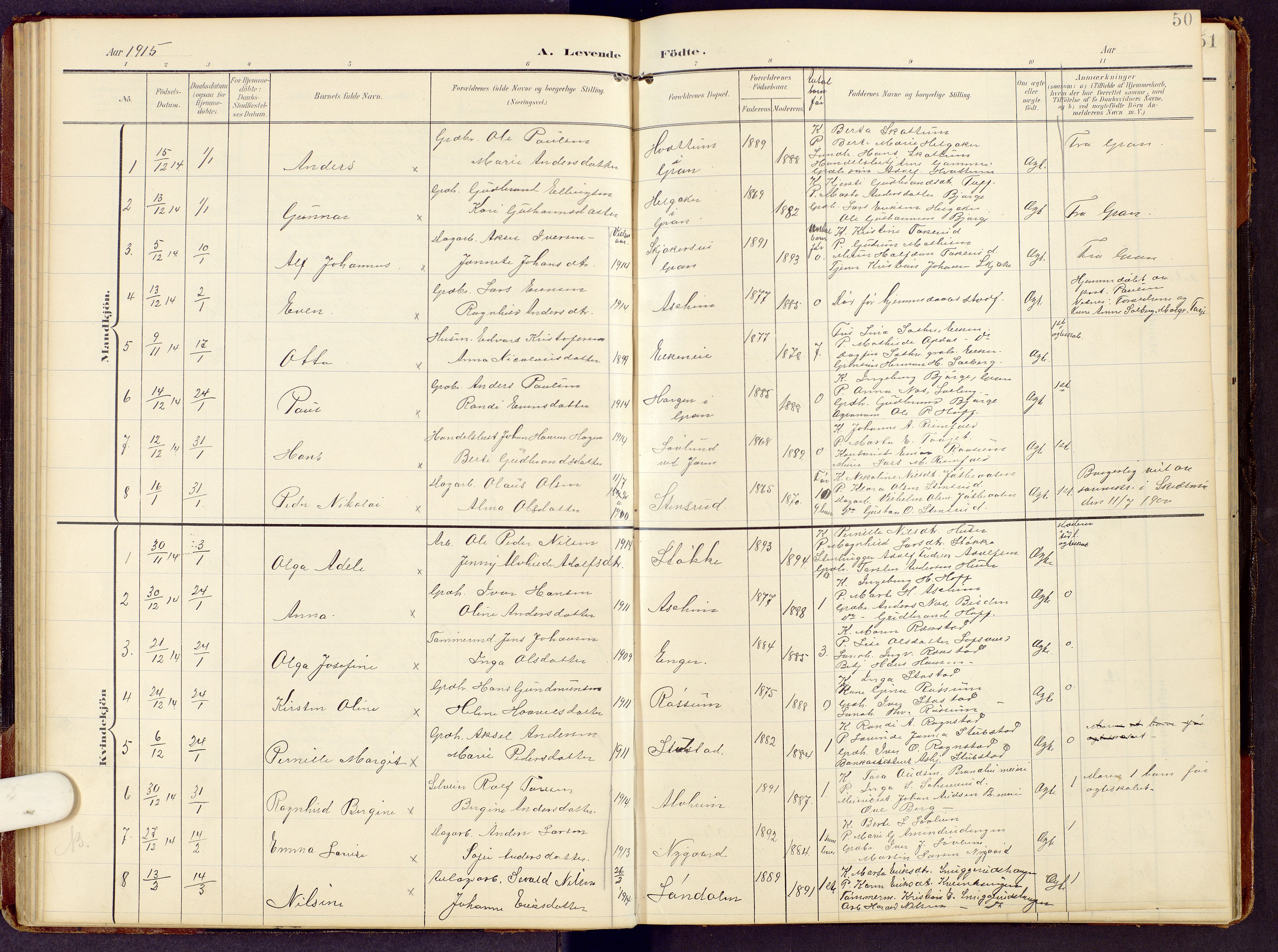 Brandbu prestekontor, AV/SAH-PREST-114/H/Ha/Hab/L0009: Klokkerbok nr. 9, 1903-1916, s. 50
