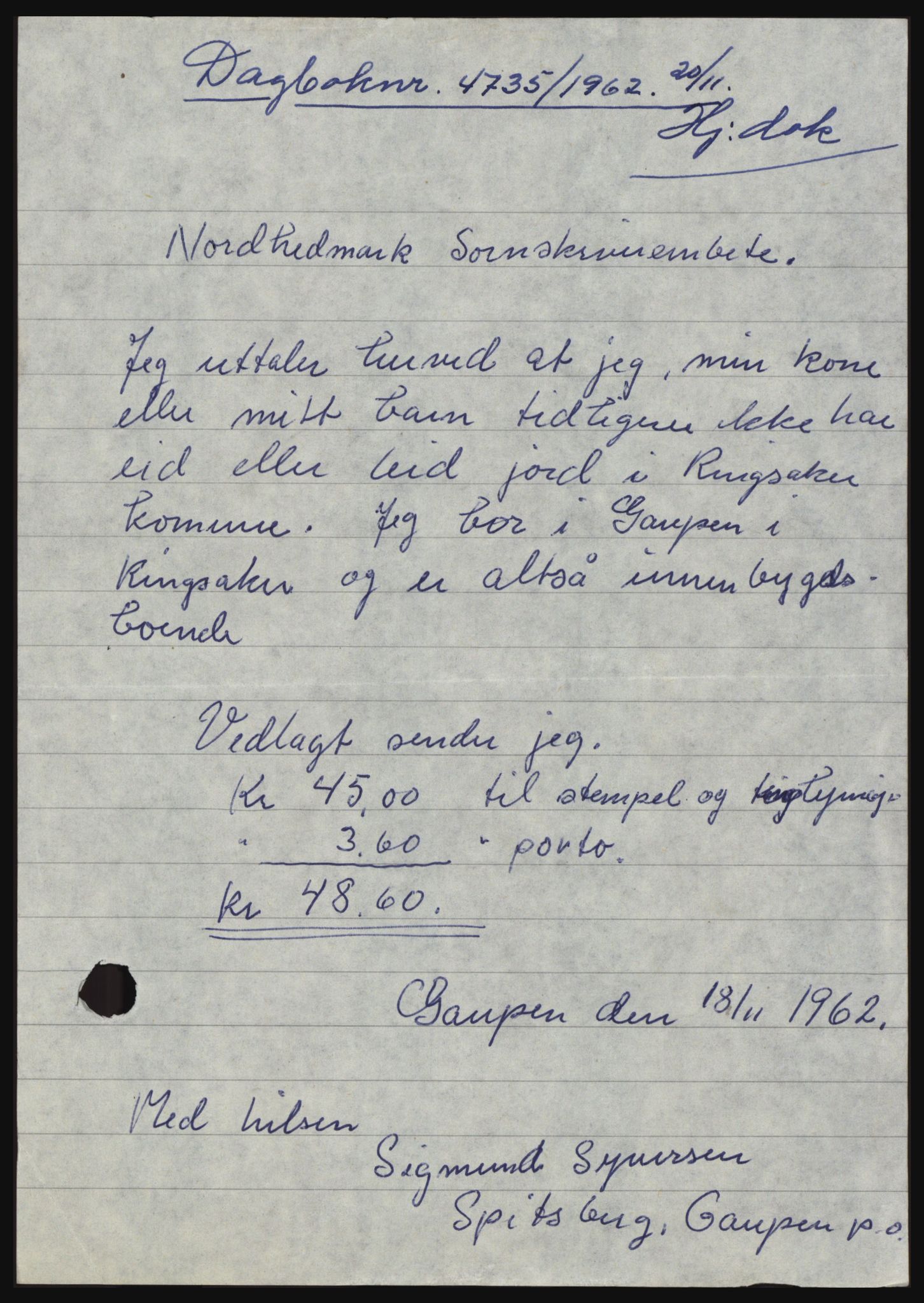 Nord-Hedmark sorenskriveri, SAH/TING-012/H/Hc/L0017: Pantebok nr. 17, 1962-1963, Dagboknr: 4735/1962