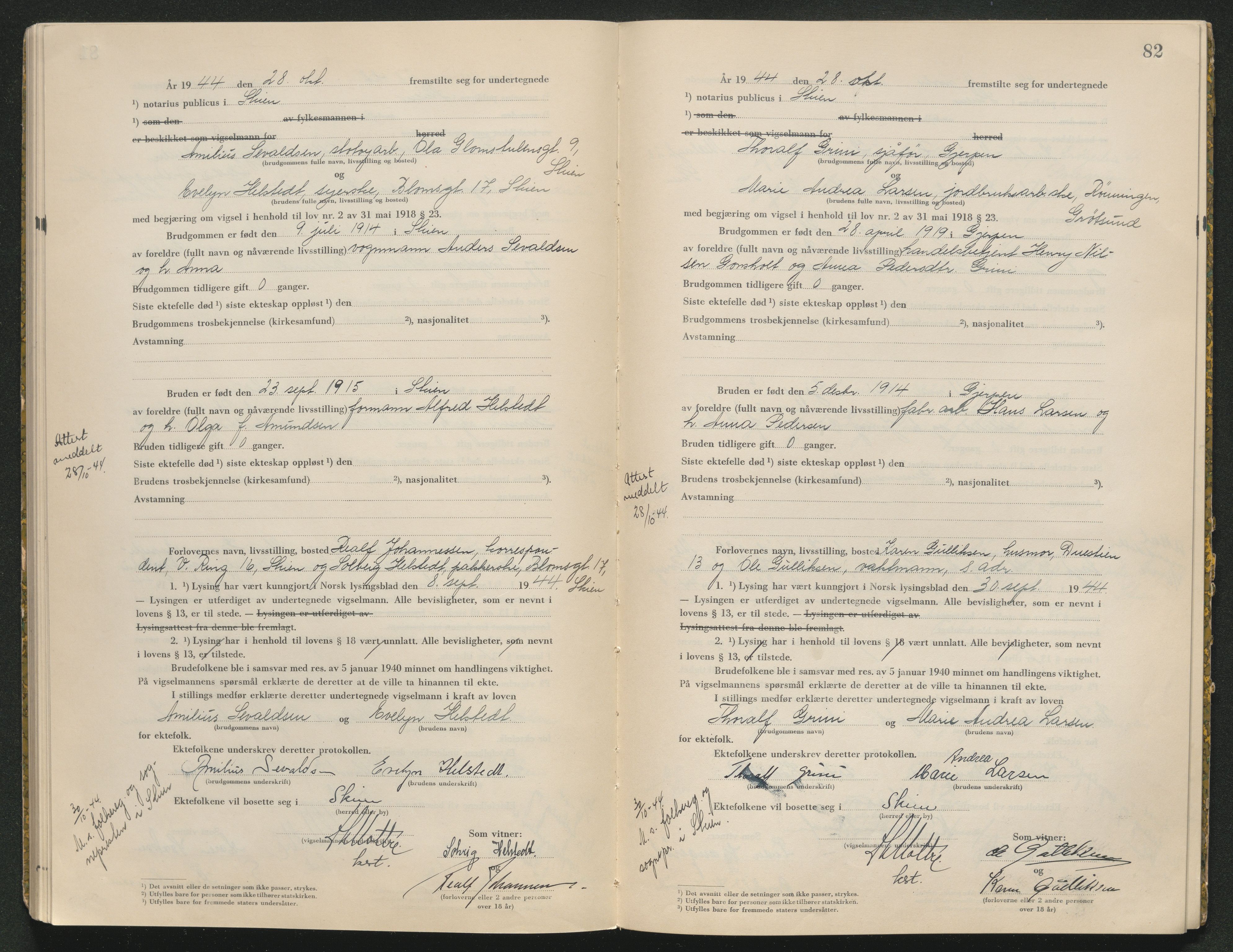 Skien sorenskriveri, AV/SAKO-A-225/L/La/L0001: Vigselsprotokoll, 1920-1947, s. 82