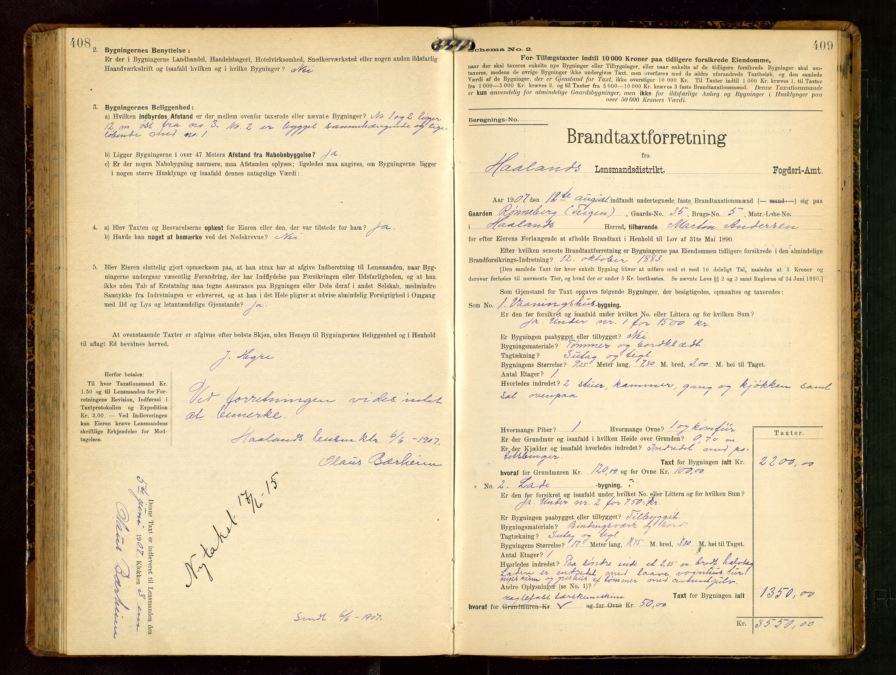 Håland lensmannskontor, AV/SAST-A-100100/Gob/L0003: Branntakstprotokoll - skjematakst. Register i boken., 1909-1910, s. 408-409
