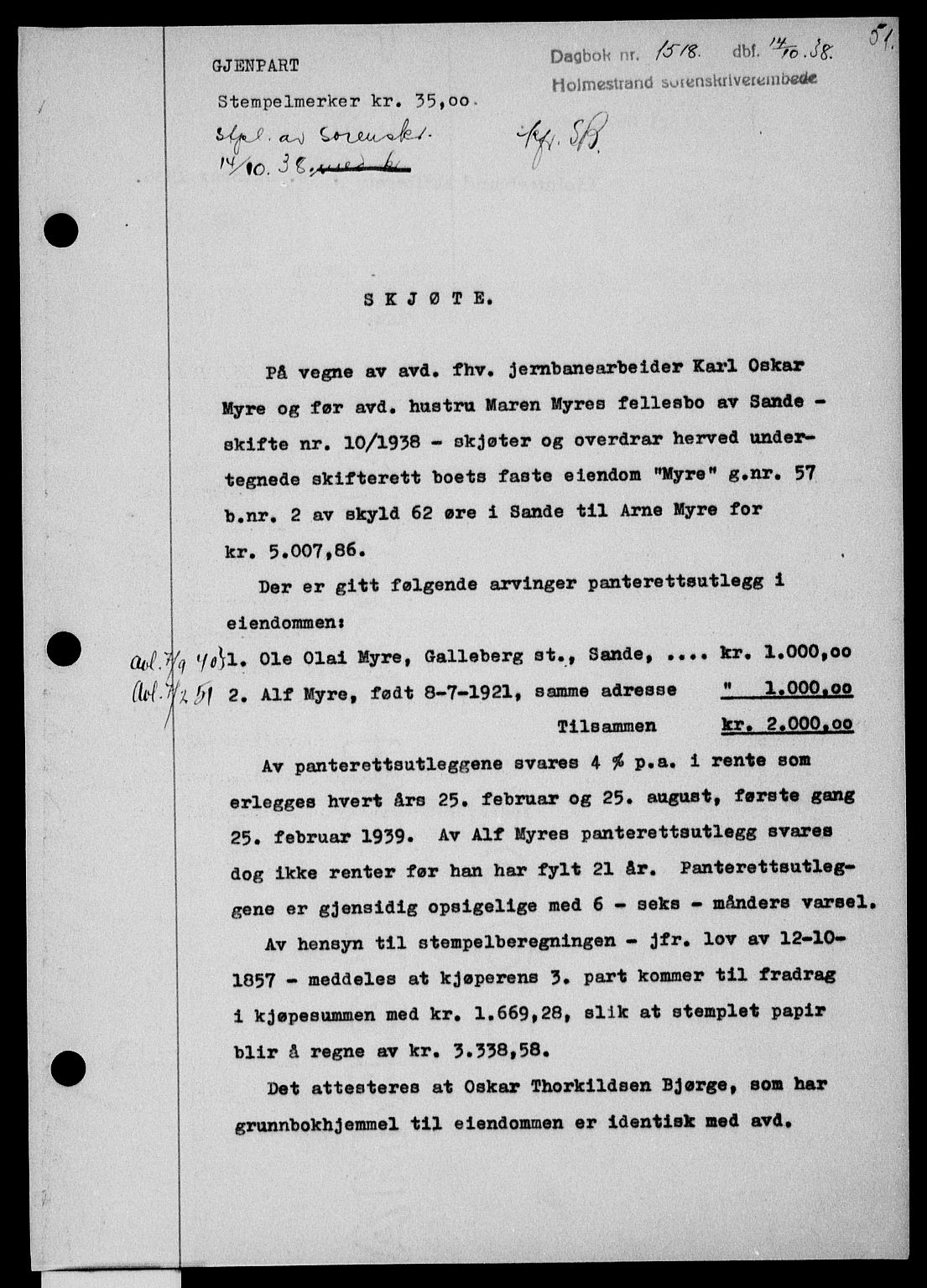 Holmestrand sorenskriveri, SAKO/A-67/G/Ga/Gaa/L0050: Pantebok nr. A-50, 1938-1939, Dagboknr: 1518/1938