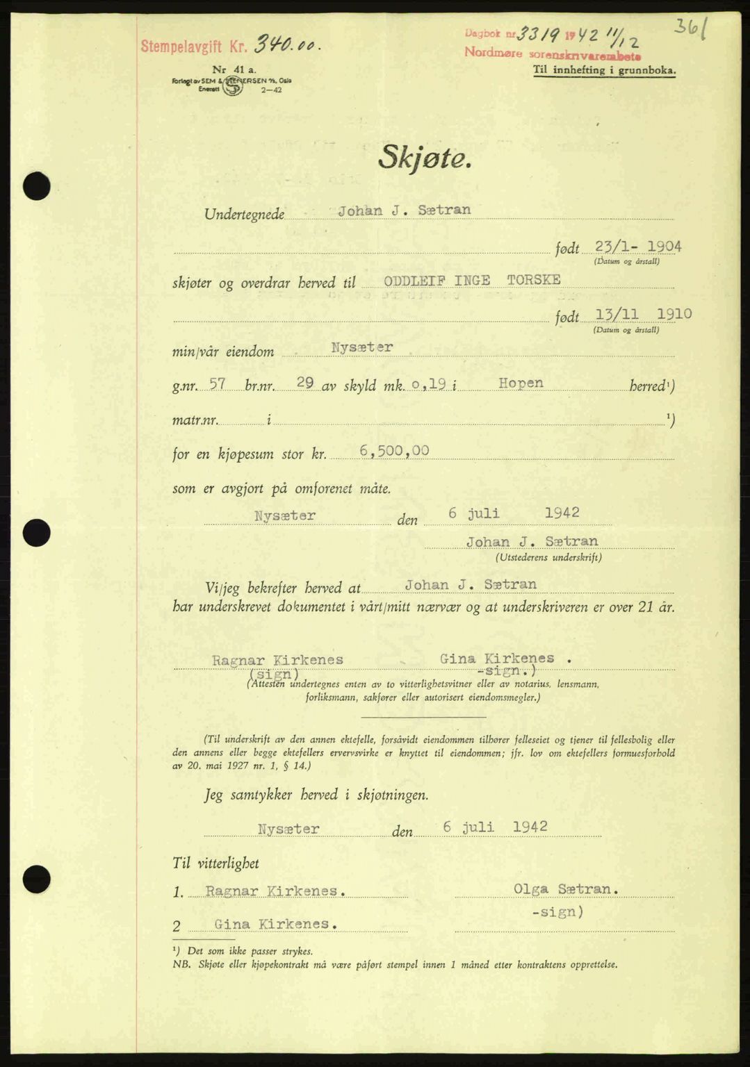 Nordmøre sorenskriveri, AV/SAT-A-4132/1/2/2Ca: Pantebok nr. A94, 1942-1943, Dagboknr: 3319/1942