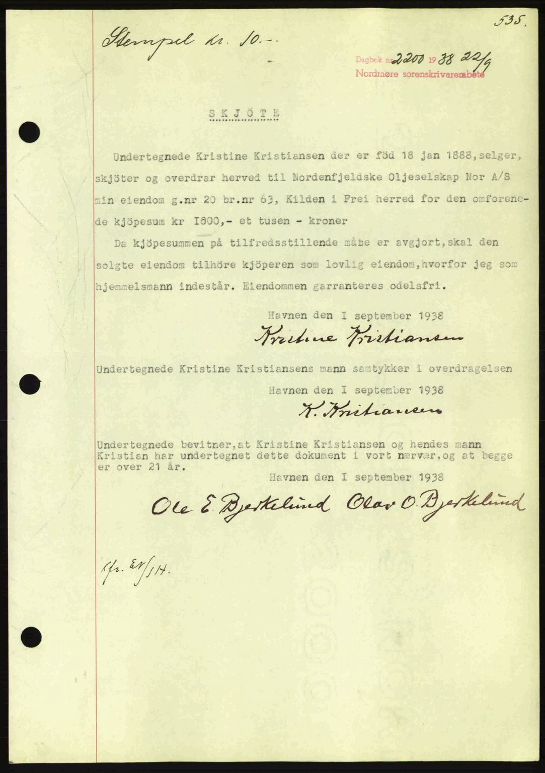 Nordmøre sorenskriveri, AV/SAT-A-4132/1/2/2Ca: Pantebok nr. A84, 1938-1938, Dagboknr: 2200/1938