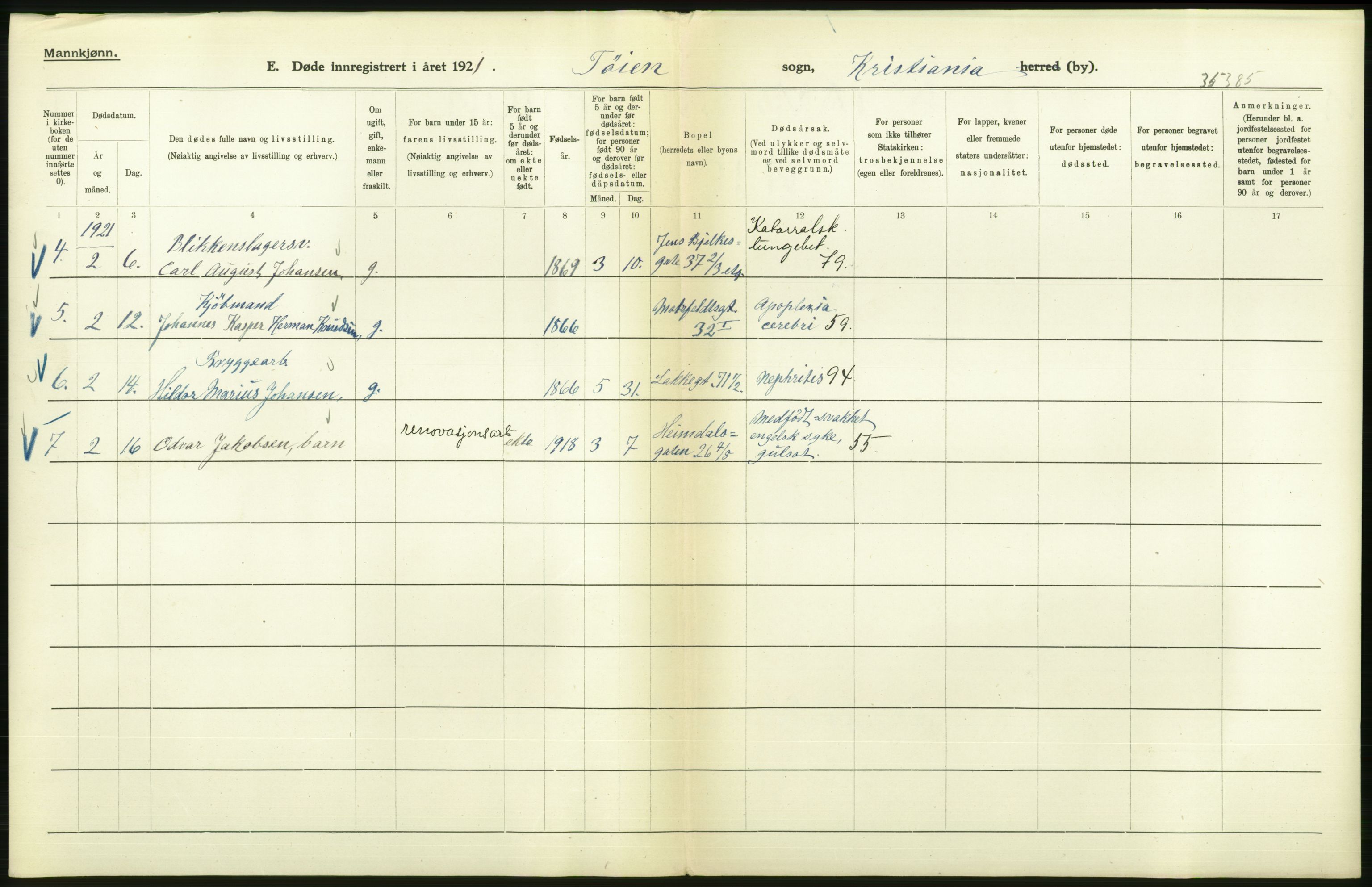 Statistisk sentralbyrå, Sosiodemografiske emner, Befolkning, AV/RA-S-2228/D/Df/Dfc/Dfca/L0013: Kristiania: Døde, dødfødte, 1921, s. 140