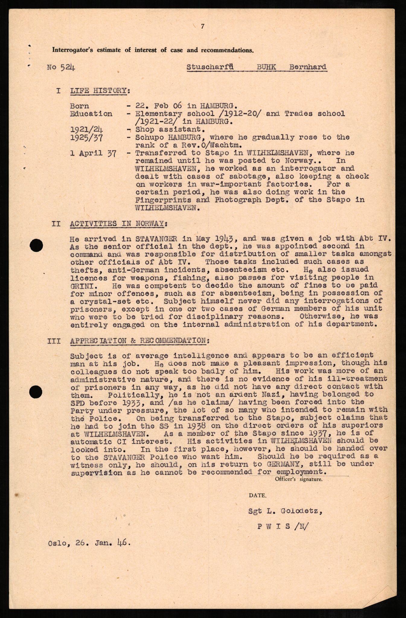 Forsvaret, Forsvarets overkommando II, RA/RAFA-3915/D/Db/L0004: CI Questionaires. Tyske okkupasjonsstyrker i Norge. Tyskere., 1945-1946, s. 471