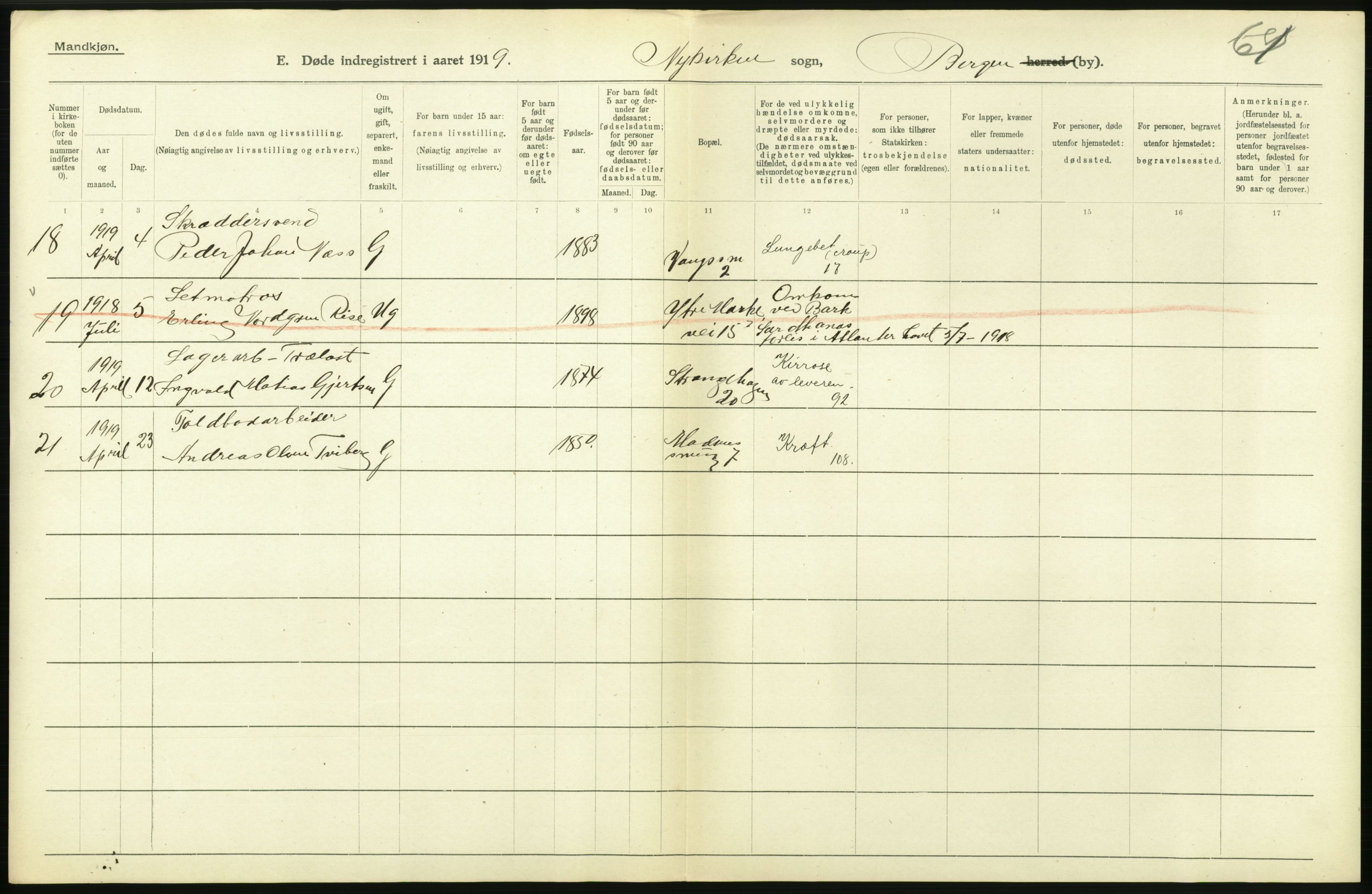 Statistisk sentralbyrå, Sosiodemografiske emner, Befolkning, RA/S-2228/D/Df/Dfb/Dfbi/L0035: Bergen: Gifte, døde, dødfødte., 1919, s. 574