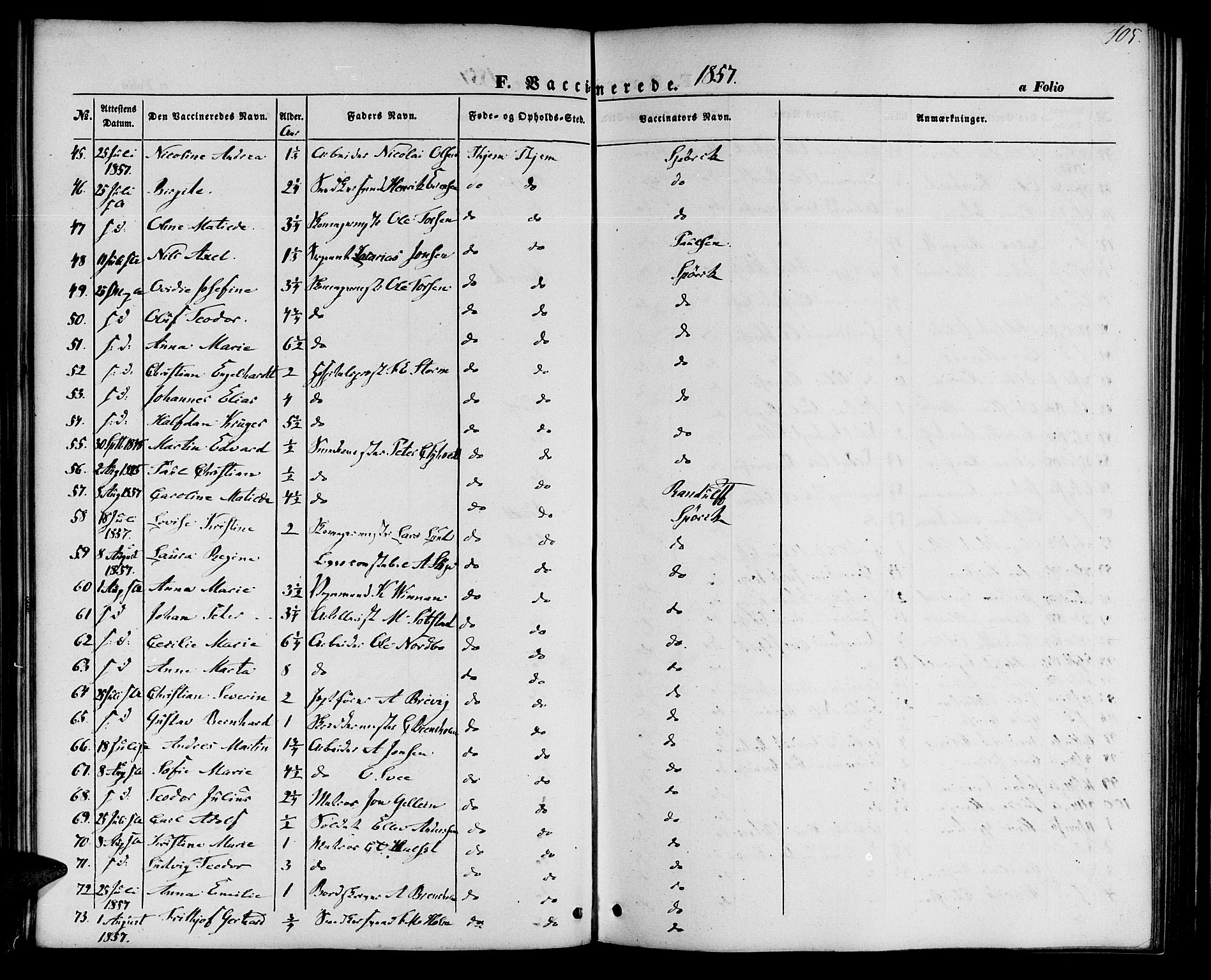 Ministerialprotokoller, klokkerbøker og fødselsregistre - Sør-Trøndelag, SAT/A-1456/602/L0113: Ministerialbok nr. 602A11, 1849-1861, s. 105
