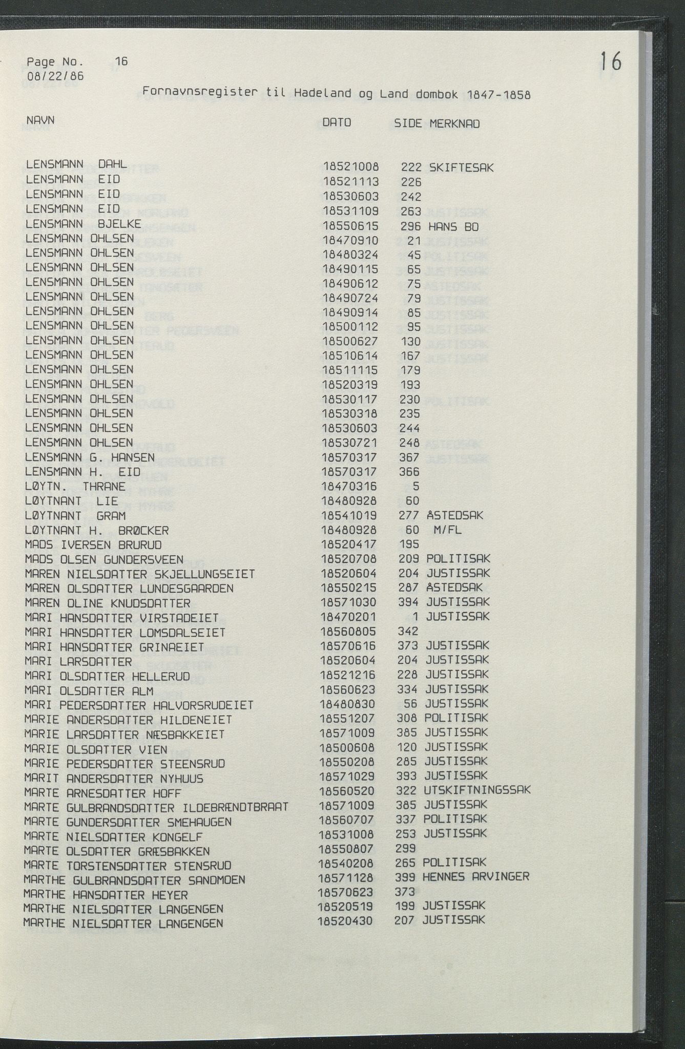 Statsarkivet i Hamar, AV/SAH-SAH-001/H/Hb/L0001/0004: Egne registre og hjelpemidler / Register  til Hadeland og Land sorenskriveri dombok 1 (1847 - 1858), 1847-1858, s. 16