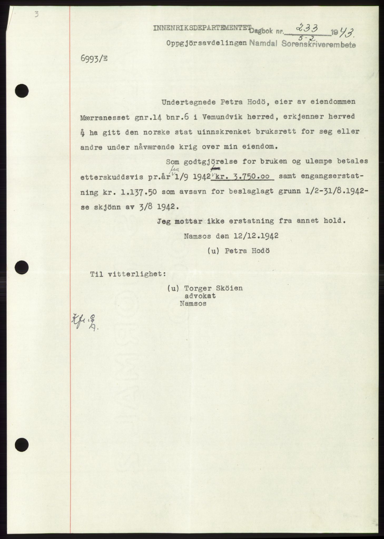 Namdal sorenskriveri, SAT/A-4133/1/2/2C: Pantebok nr. -, 1942-1943, Dagboknr: 233/1943