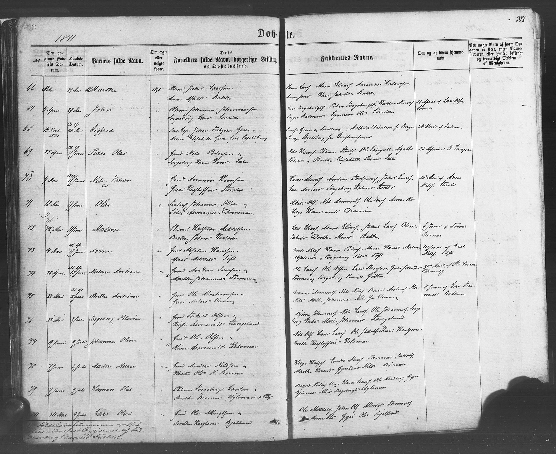Sund sokneprestembete, AV/SAB-A-99930: Ministerialbok nr. A 15, 1867-1881, s. 37