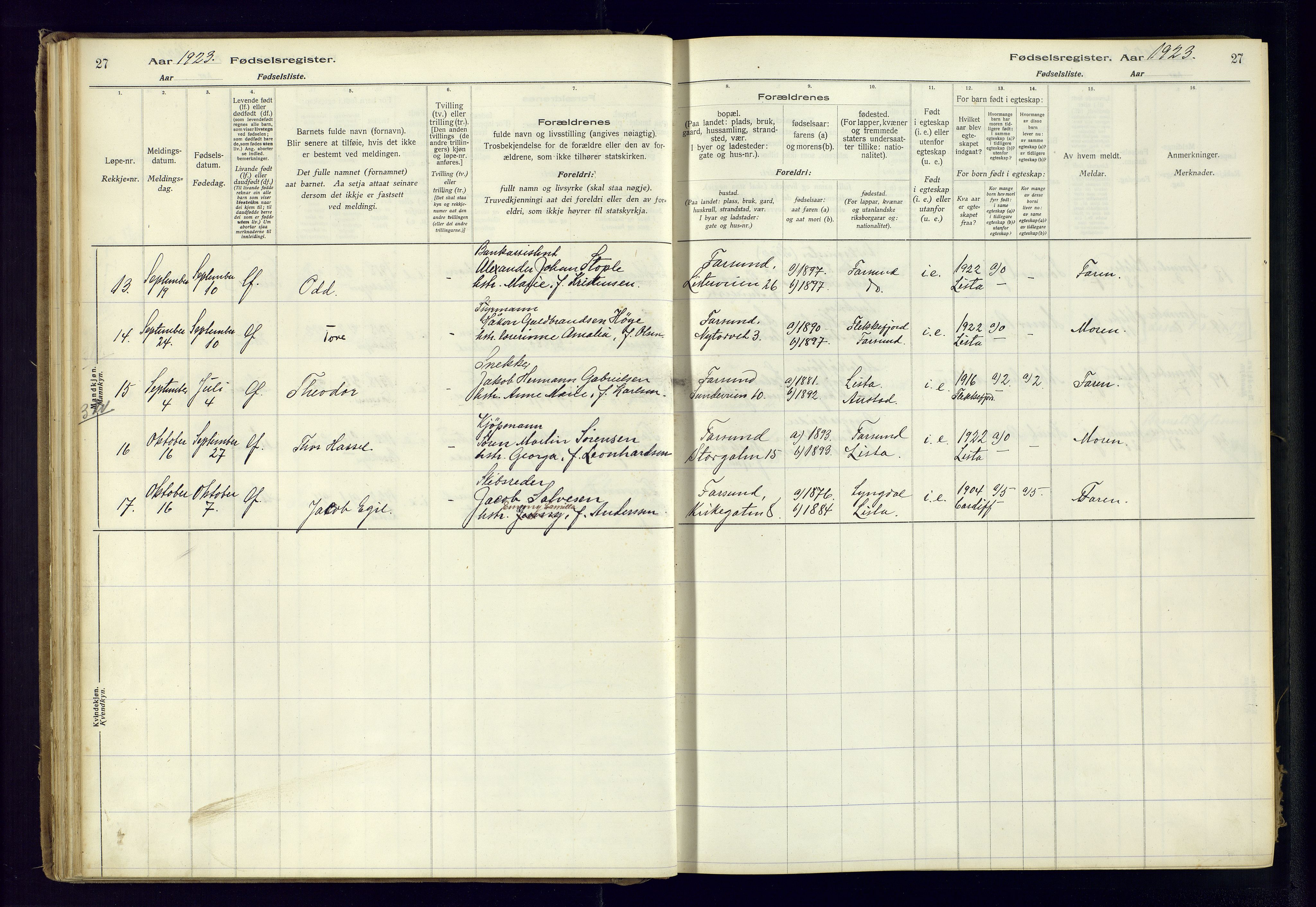 Farsund sokneprestkontor, SAK/1111-0009/J/Ja/L0001: Fødselsregister nr. A-VI-8, 1916-1950, s. 27