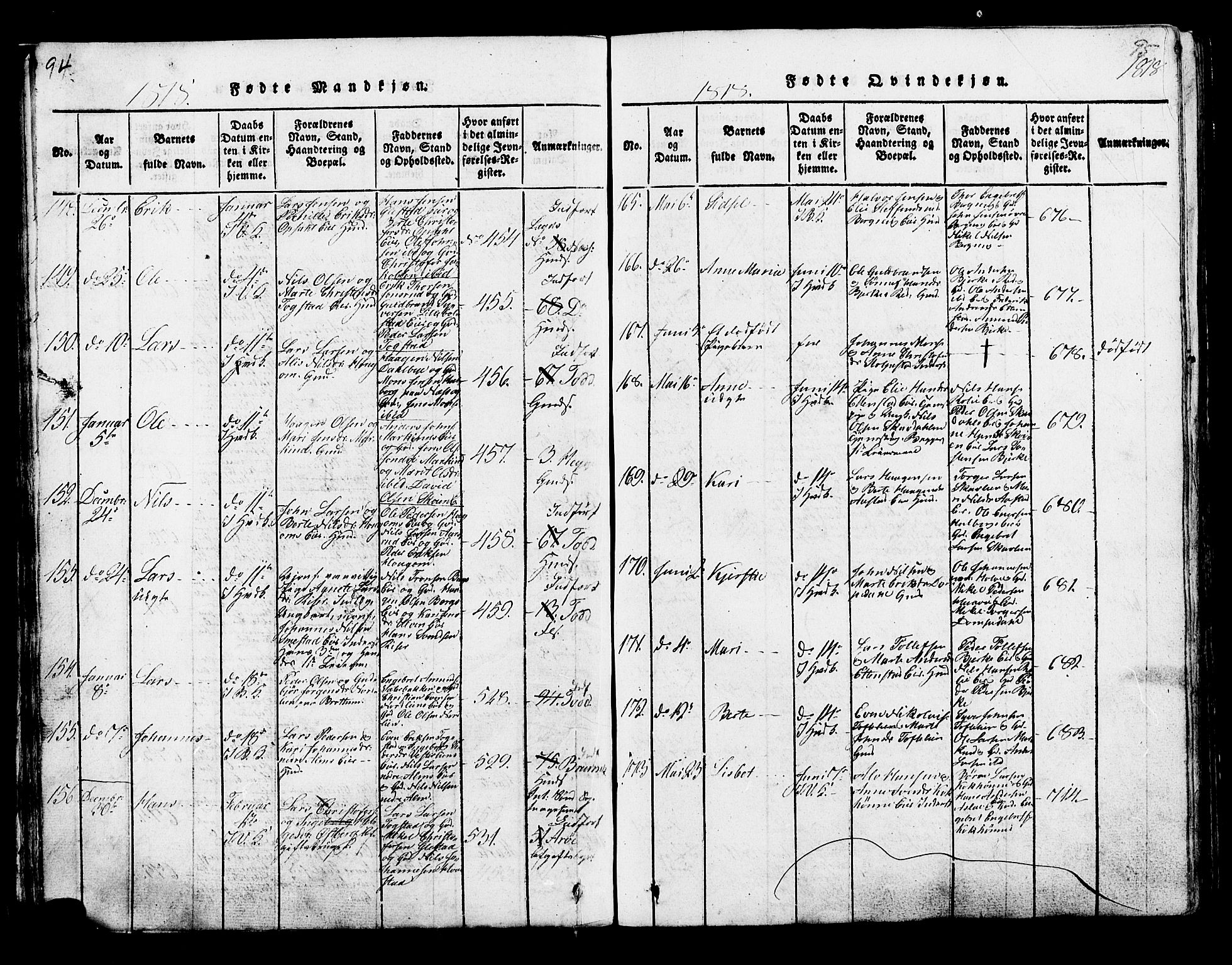 Ringsaker prestekontor, SAH/PREST-014/K/Ka/L0005: Ministerialbok nr. 5, 1814-1826, s. 94-95