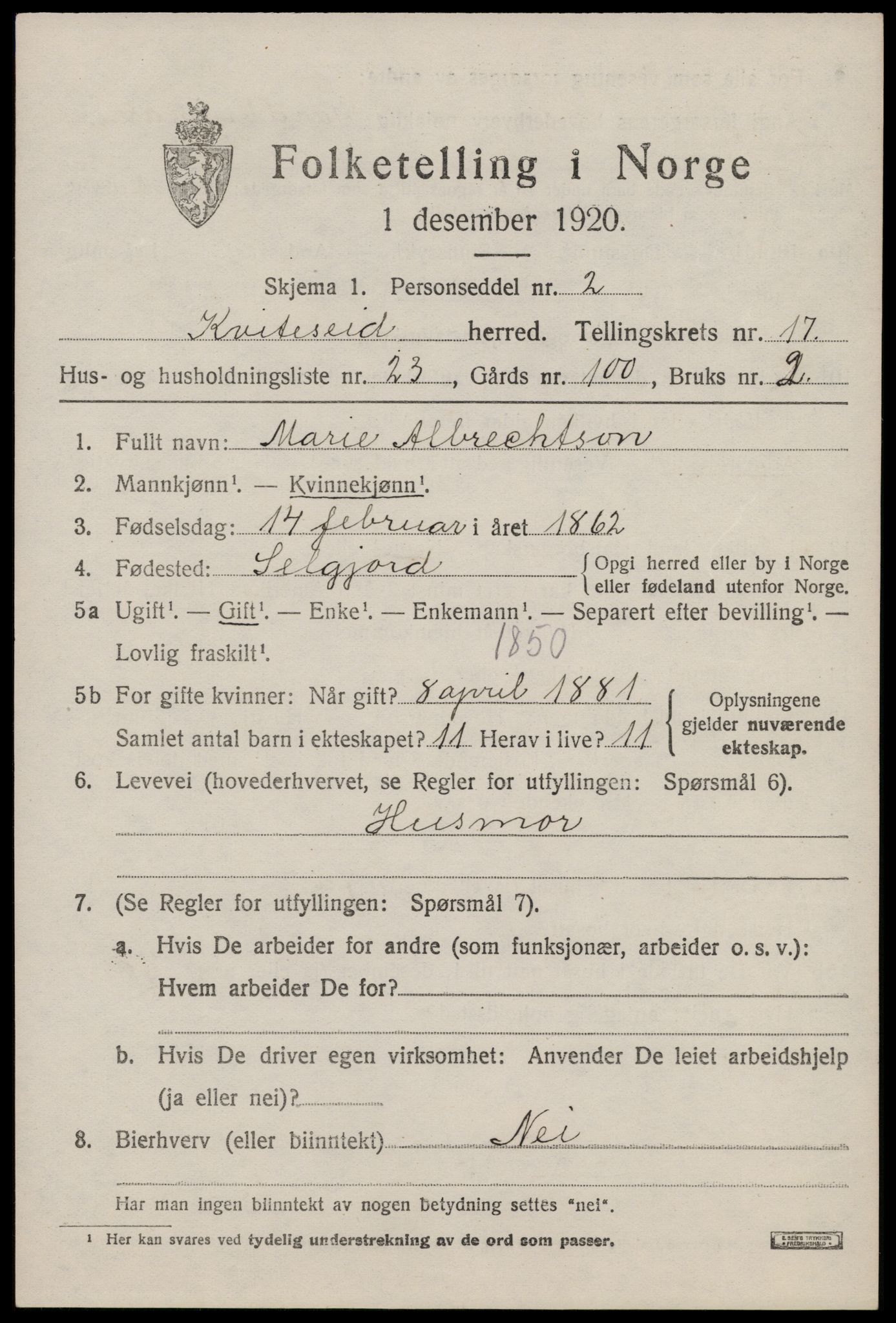 SAKO, Folketelling 1920 for 0829 Kviteseid herred, 1920, s. 7953