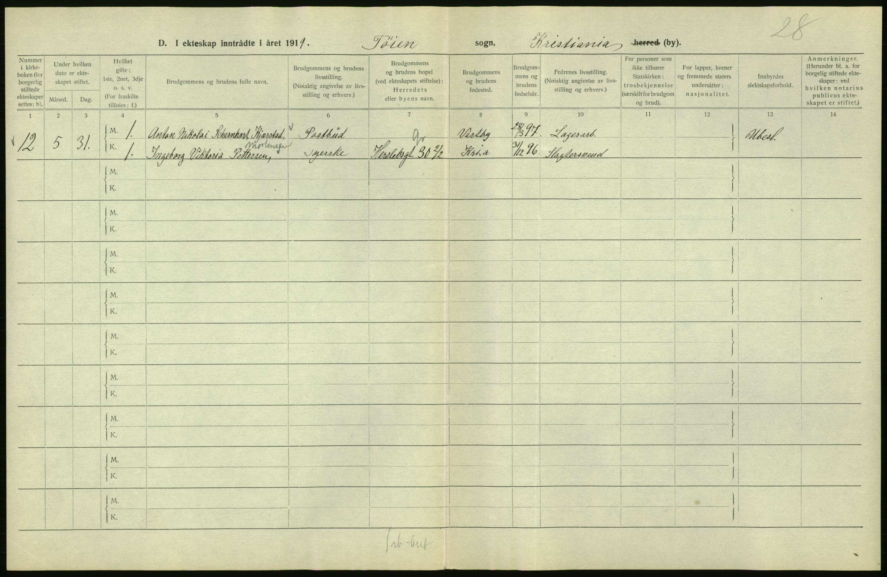 Statistisk sentralbyrå, Sosiodemografiske emner, Befolkning, RA/S-2228/D/Df/Dfb/Dfbi/L0009: Kristiania: Gifte, 1919, s. 734