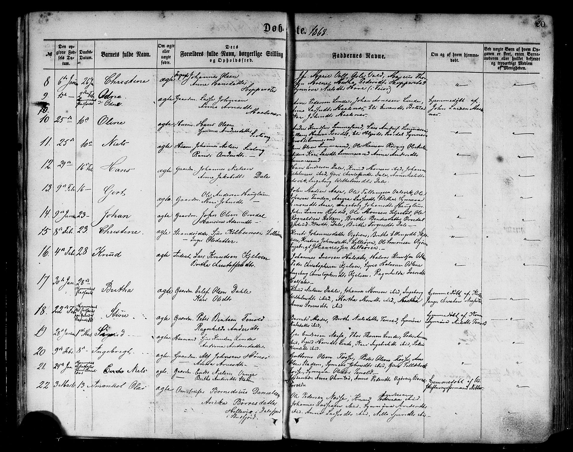 Vik sokneprestembete, AV/SAB-A-81501/H/Haa/Haaa/L0009: Ministerialbok nr. A 9, 1866-1877, s. 20