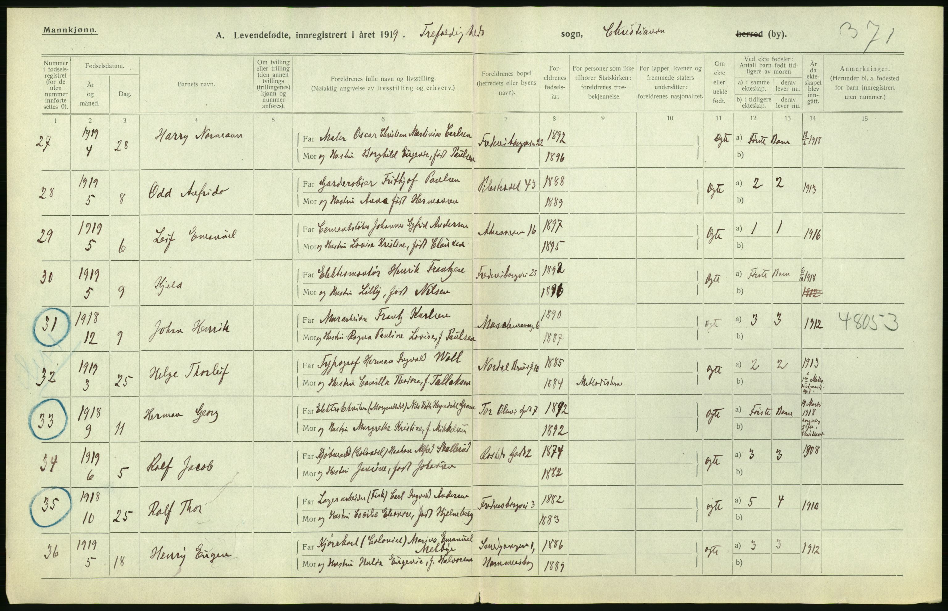 Statistisk sentralbyrå, Sosiodemografiske emner, Befolkning, AV/RA-S-2228/D/Df/Dfb/Dfbi/L0007: Kristiania: Levendefødte menn og kvinner., 1919, s. 326