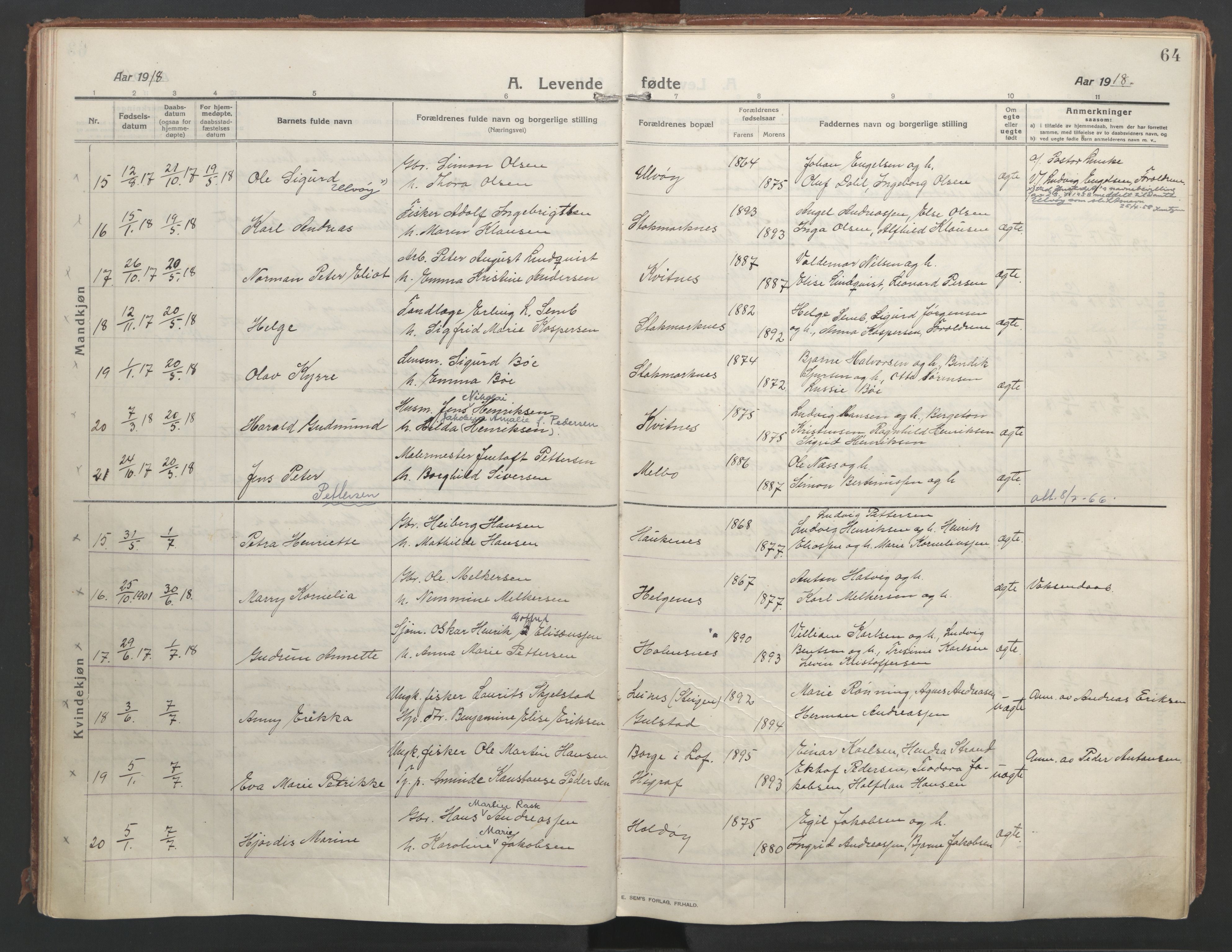 Ministerialprotokoller, klokkerbøker og fødselsregistre - Nordland, AV/SAT-A-1459/888/L1250: Ministerialbok nr. 888A16, 1913-1925, s. 64
