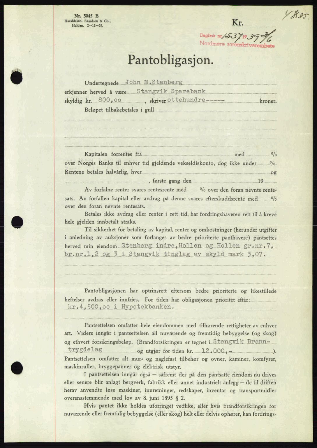 Nordmøre sorenskriveri, AV/SAT-A-4132/1/2/2Ca: Pantebok nr. B85, 1939-1939, Dagboknr: 1537/1939