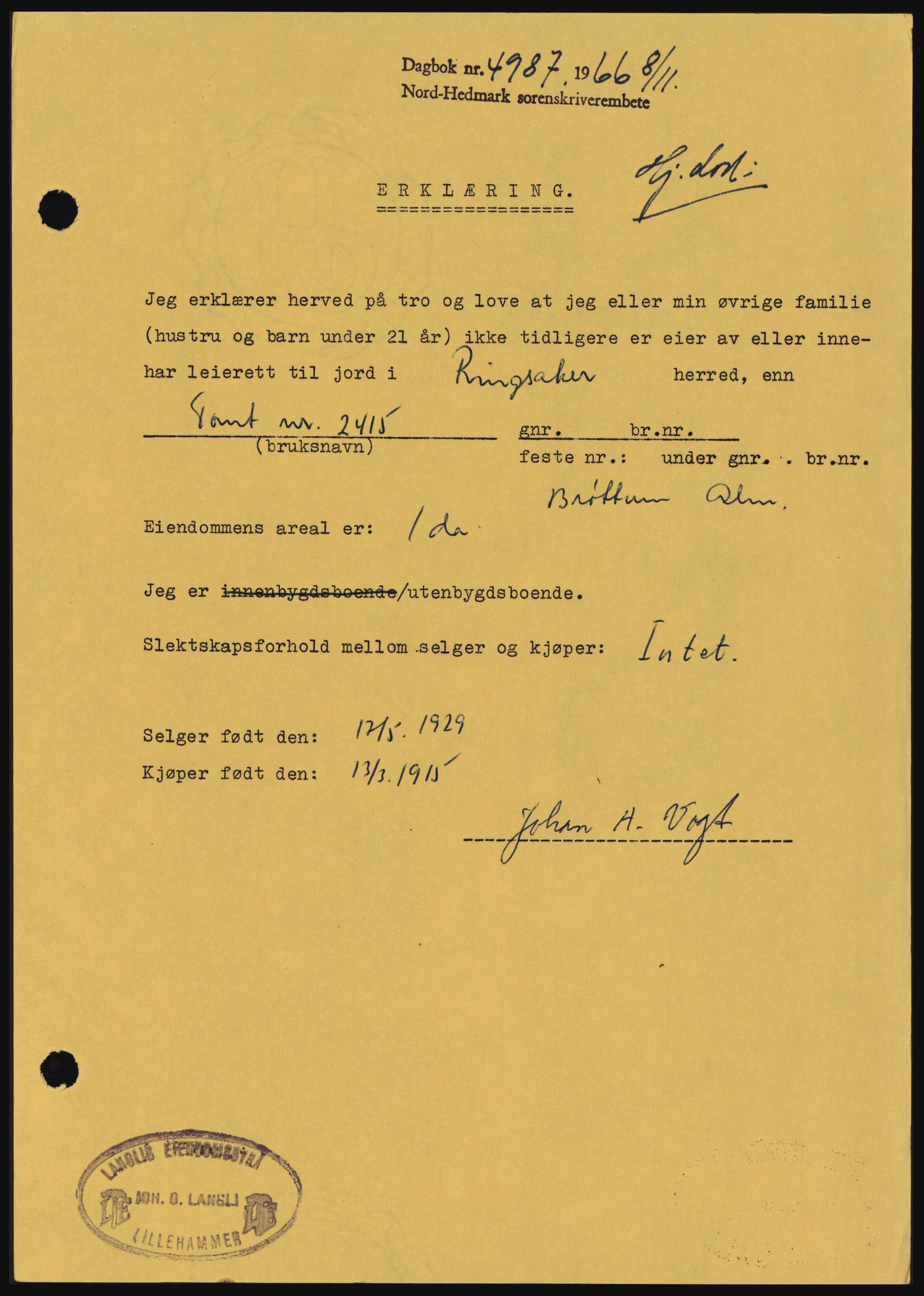 Nord-Hedmark sorenskriveri, SAH/TING-012/H/Hc/L0024: Pantebok nr. 24, 1966-1966, Dagboknr: 4987/1966