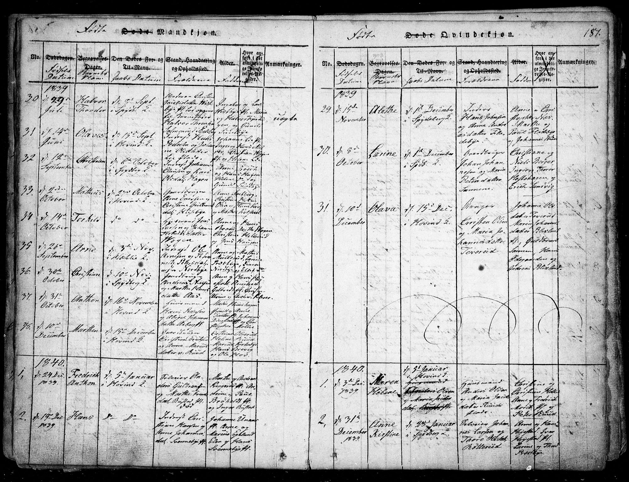 Spydeberg prestekontor Kirkebøker, AV/SAO-A-10924/G/Ga/L0001: Klokkerbok nr. I 1, 1814-1868, s. 187