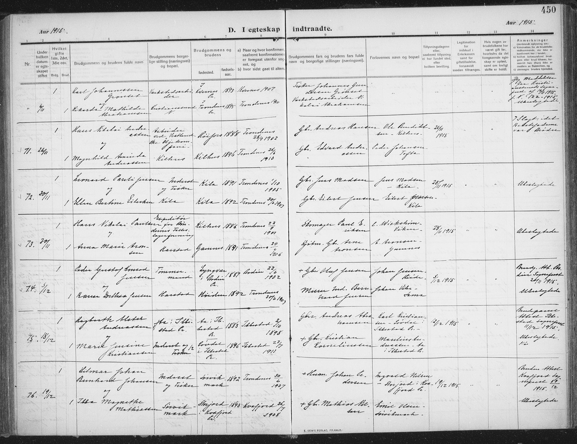 Trondenes sokneprestkontor, AV/SATØ-S-1319/H/Ha/L0018kirke: Ministerialbok nr. 18, 1909-1918, s. 450