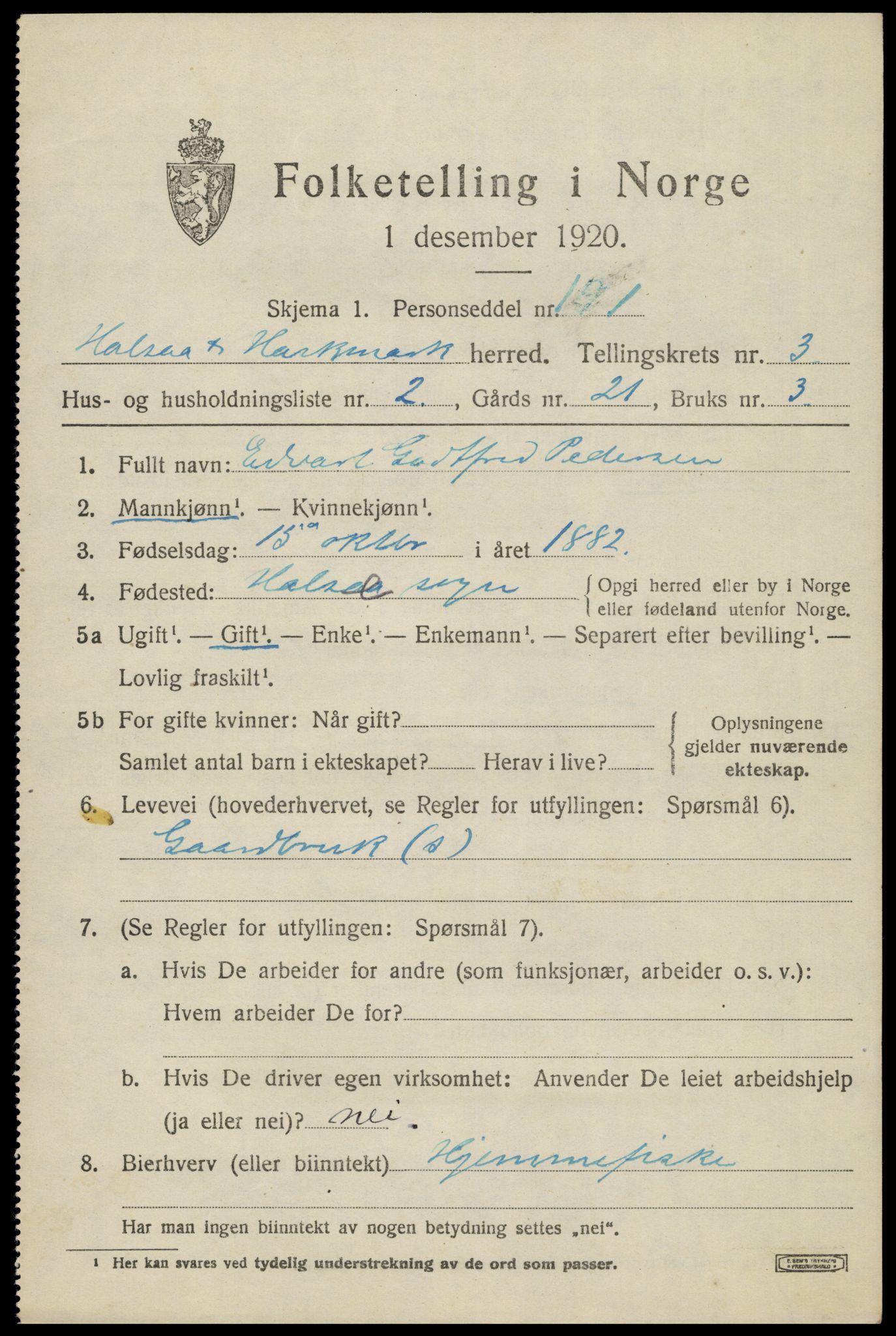 SAK, Folketelling 1920 for 1019 Halse og Harkmark herred, 1920, s. 2425