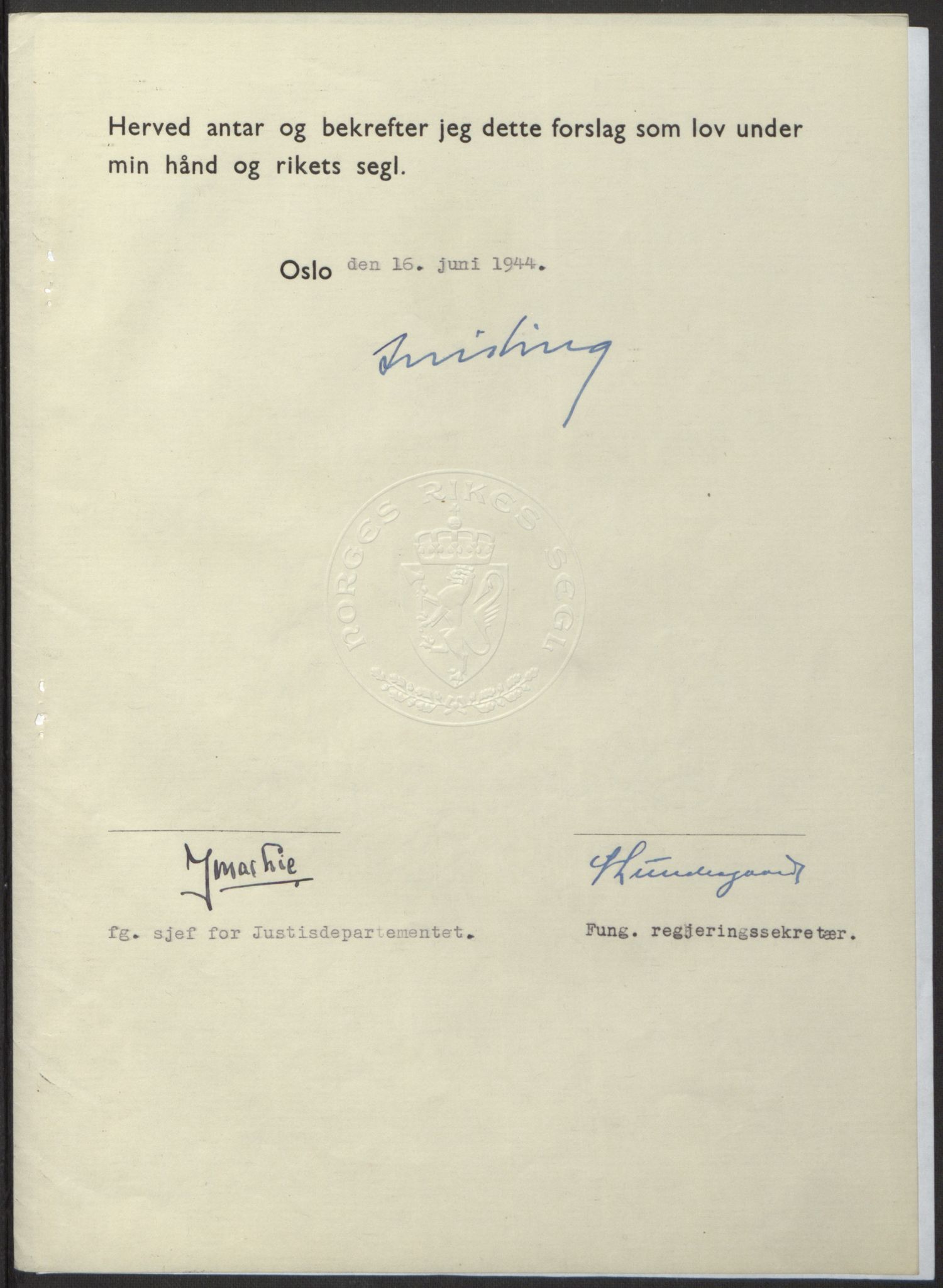 NS-administrasjonen 1940-1945 (Statsrådsekretariatet, de kommisariske statsråder mm), RA/S-4279/D/Db/L0100: Lover, 1944, s. 279