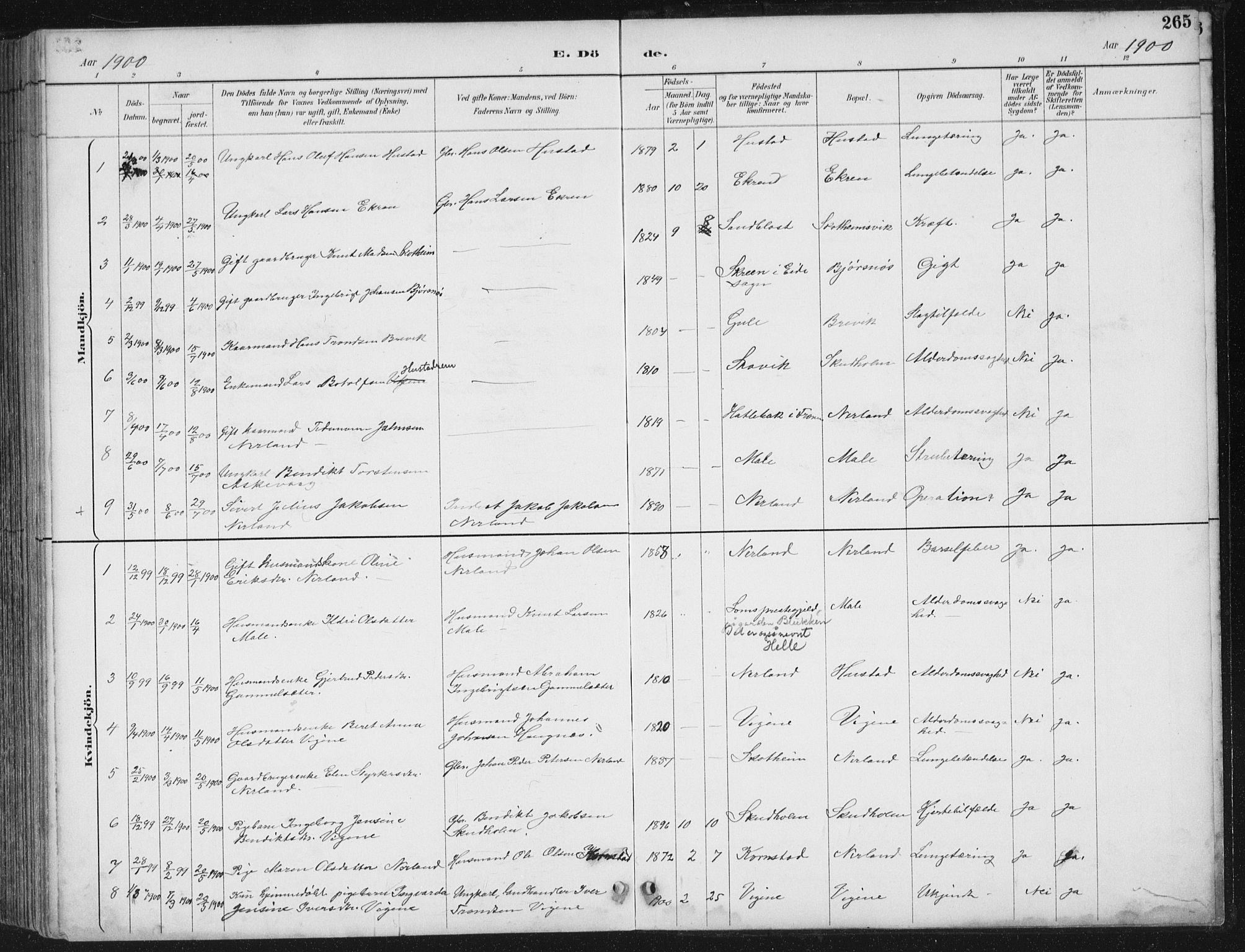 Ministerialprotokoller, klokkerbøker og fødselsregistre - Møre og Romsdal, AV/SAT-A-1454/567/L0783: Klokkerbok nr. 567C03, 1887-1903, s. 265