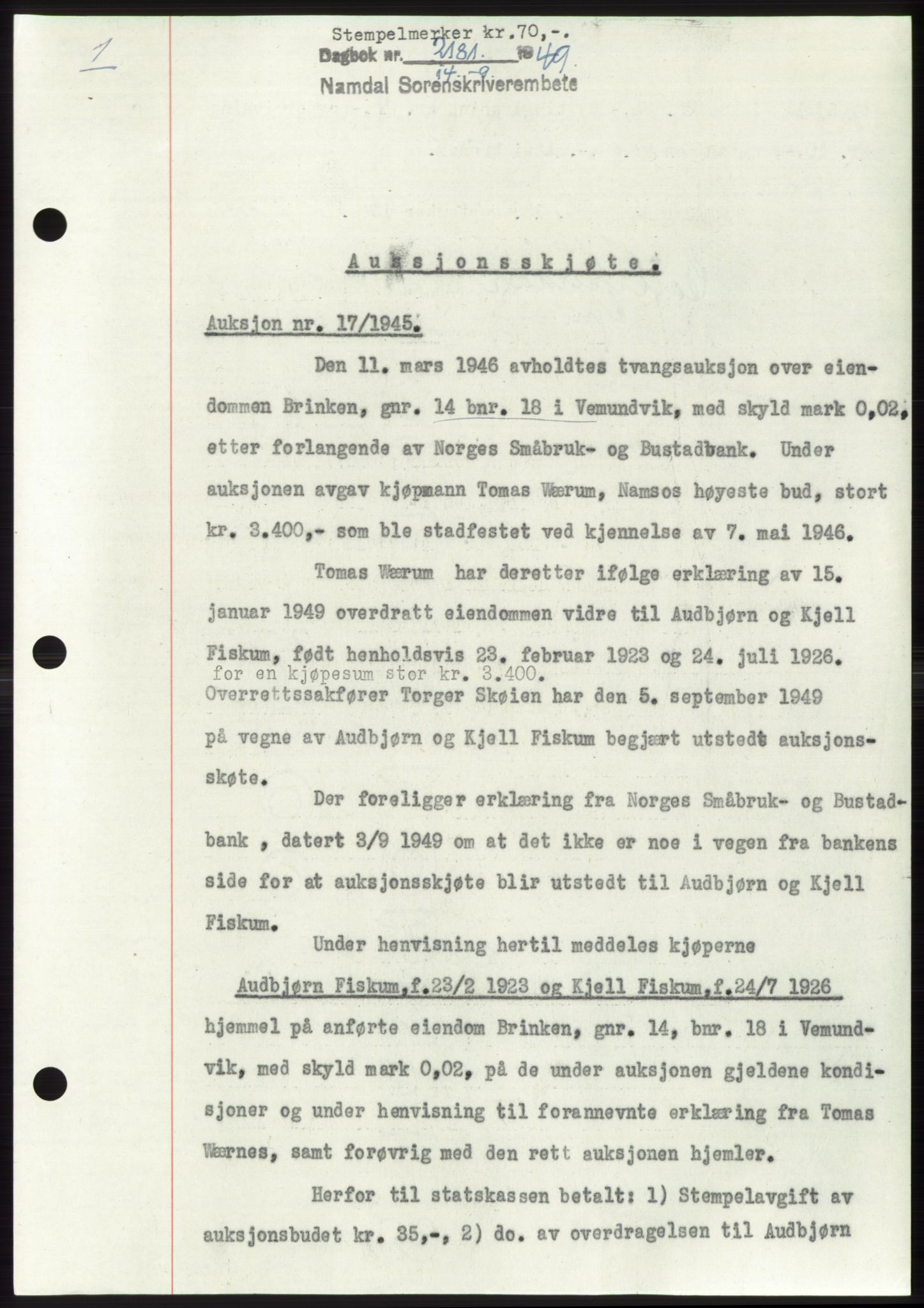Namdal sorenskriveri, SAT/A-4133/1/2/2C: Pantebok nr. -, 1949-1949, Dagboknr: 2181/1949