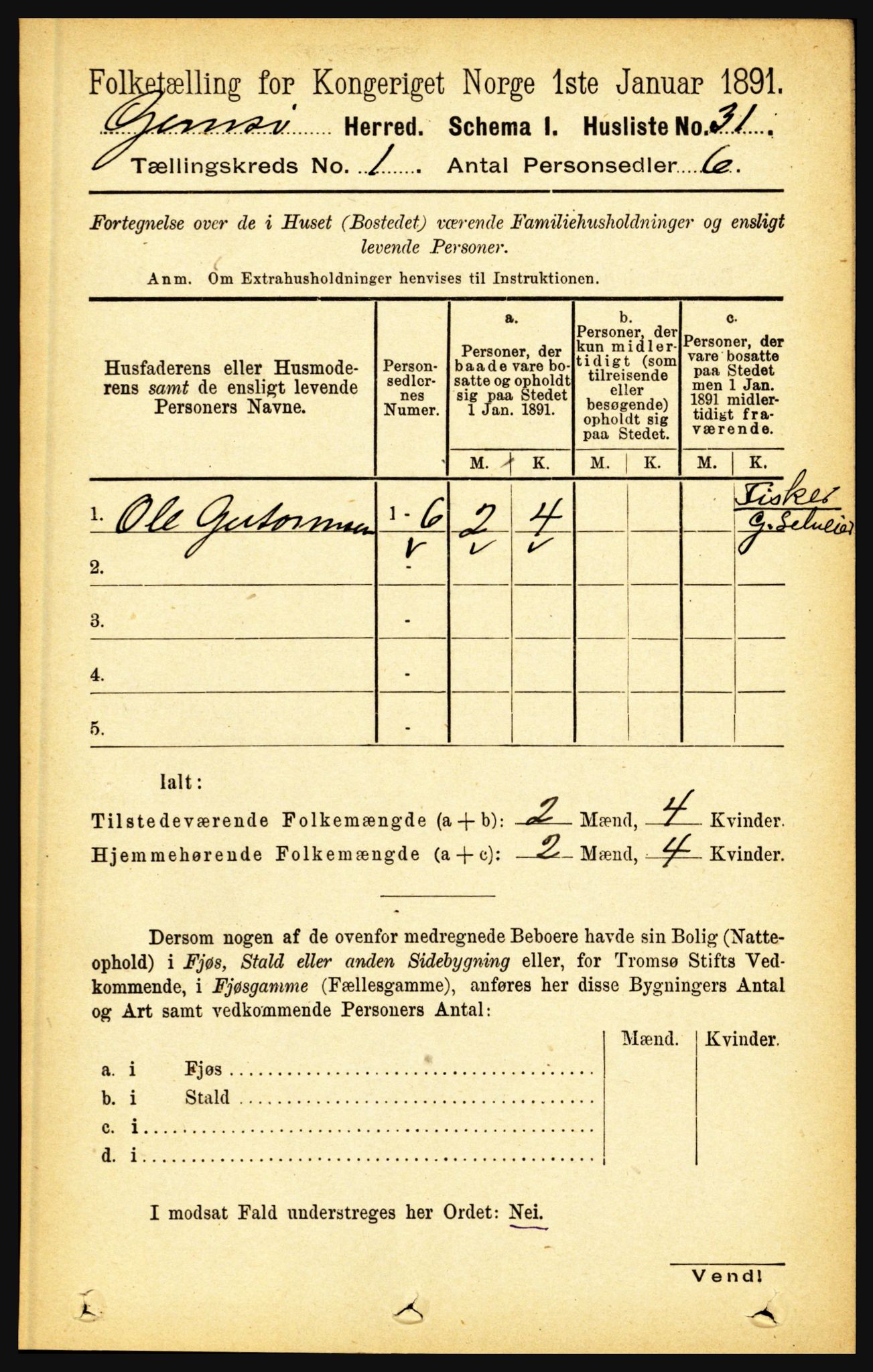 RA, Folketelling 1891 for 1864 Gimsøy herred, 1891, s. 52