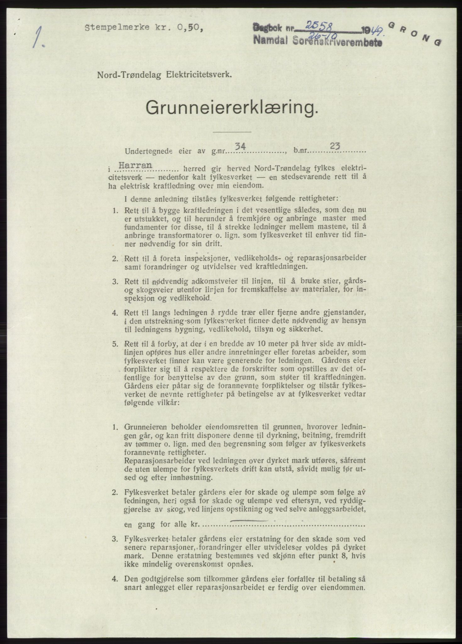 Namdal sorenskriveri, SAT/A-4133/1/2/2C: Pantebok nr. -, 1949-1949, Dagboknr: 2558/1949