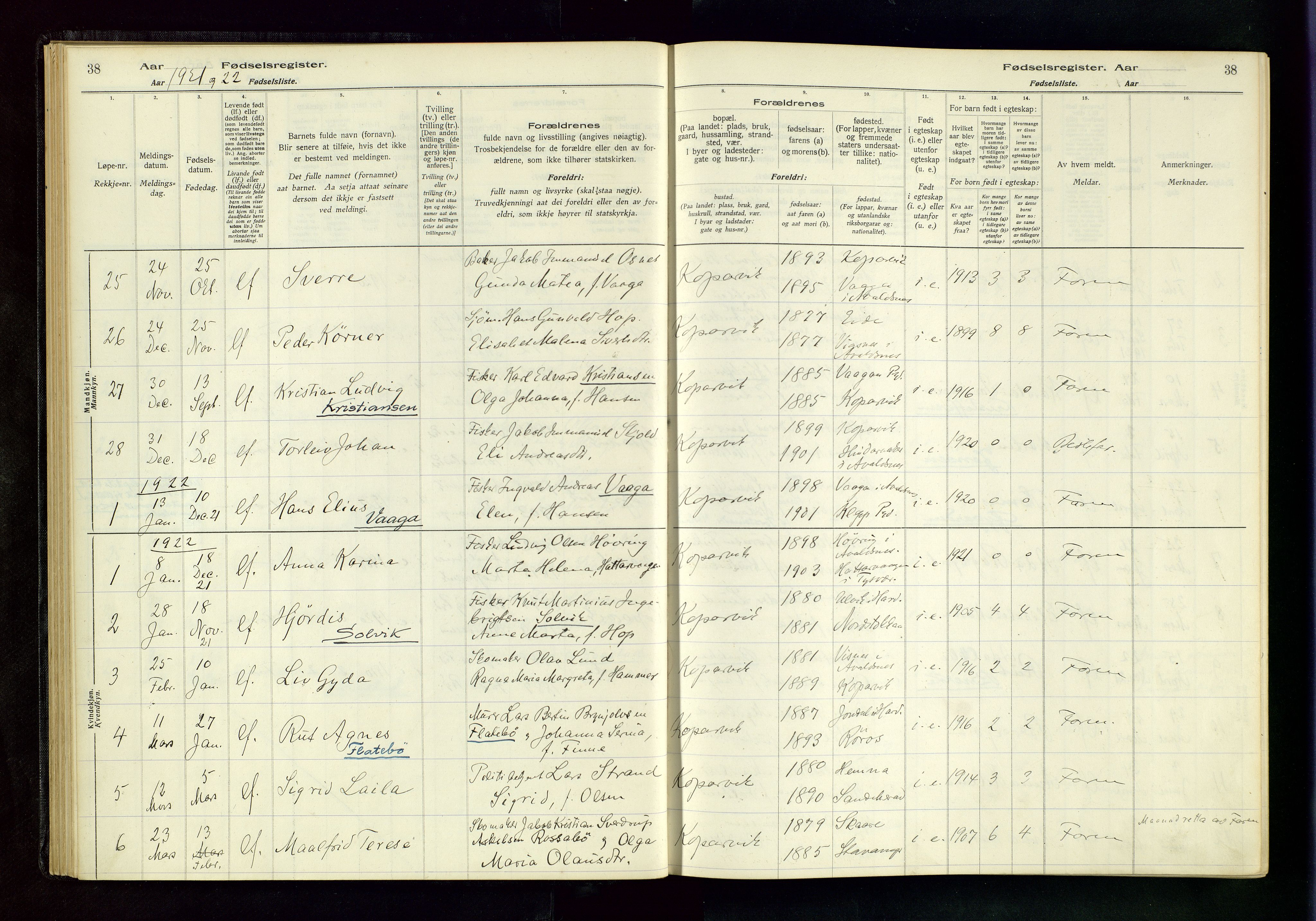 Kopervik sokneprestkontor, SAST/A-101850/I/Id/L0001: Fødselsregister nr. 1, 1916-1952, s. 38