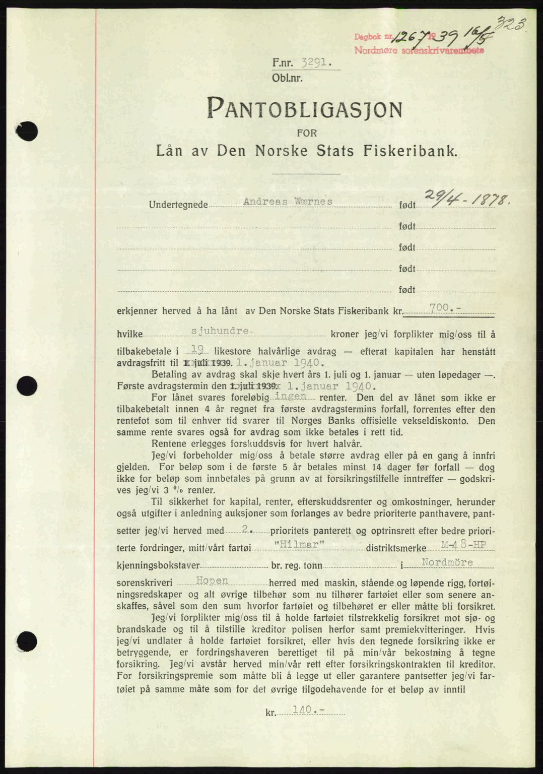 Nordmøre sorenskriveri, AV/SAT-A-4132/1/2/2Ca: Pantebok nr. B85, 1939-1939, Dagboknr: 1267/1939