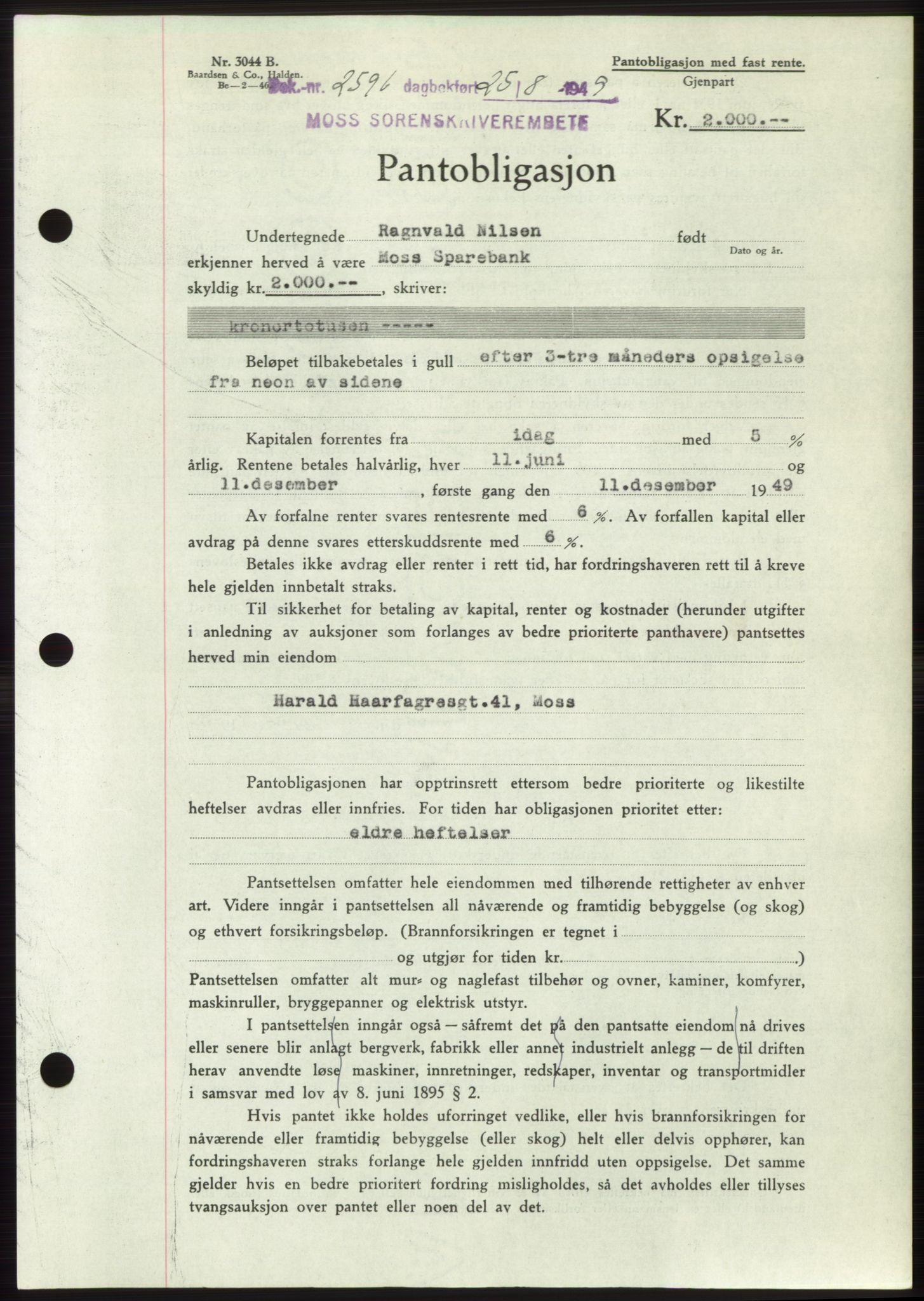 Moss sorenskriveri, SAO/A-10168: Pantebok nr. B22, 1949-1949, Dagboknr: 2596/1949