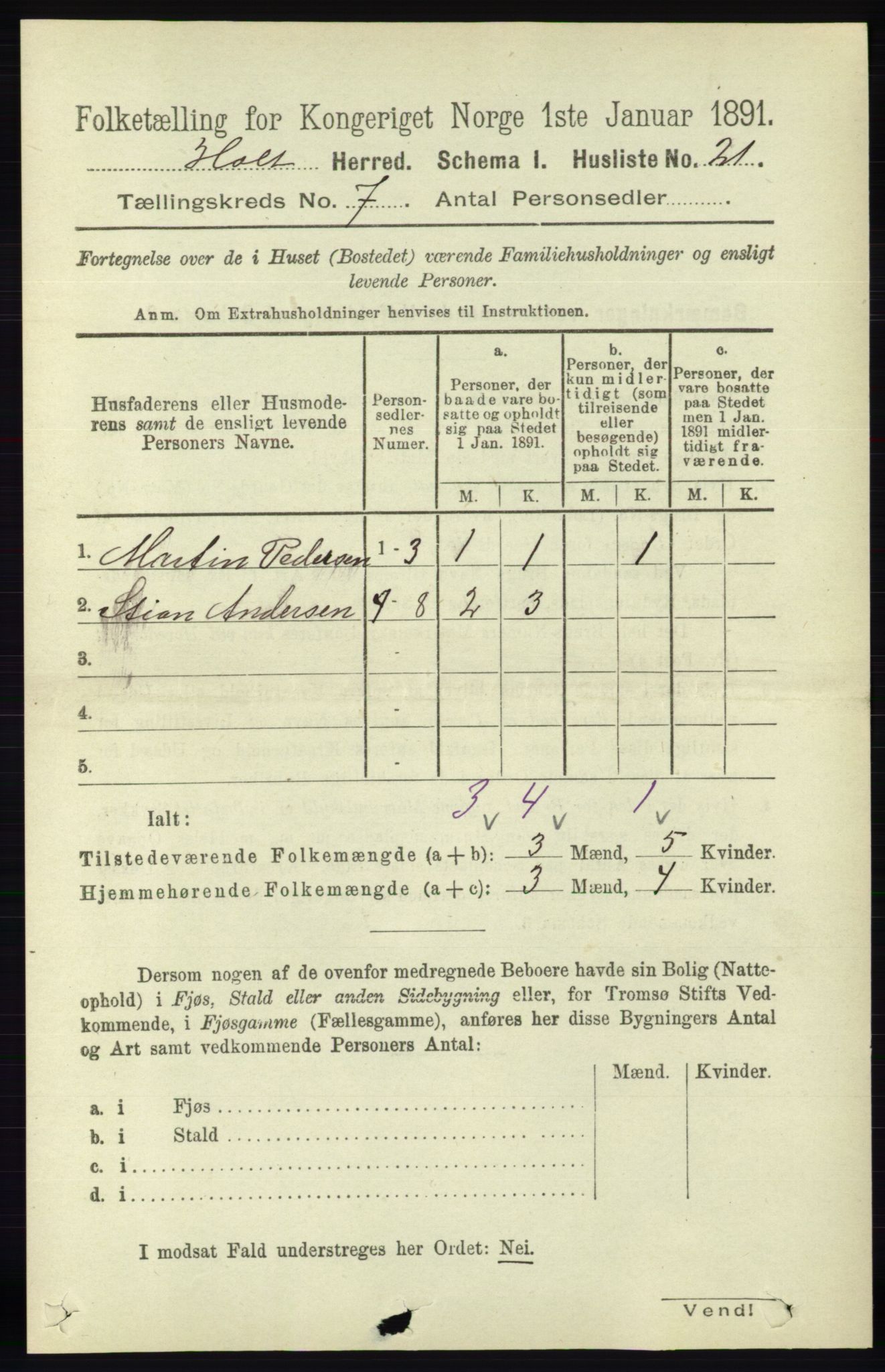 RA, Folketelling 1891 for 0914 Holt herred, 1891, s. 3315