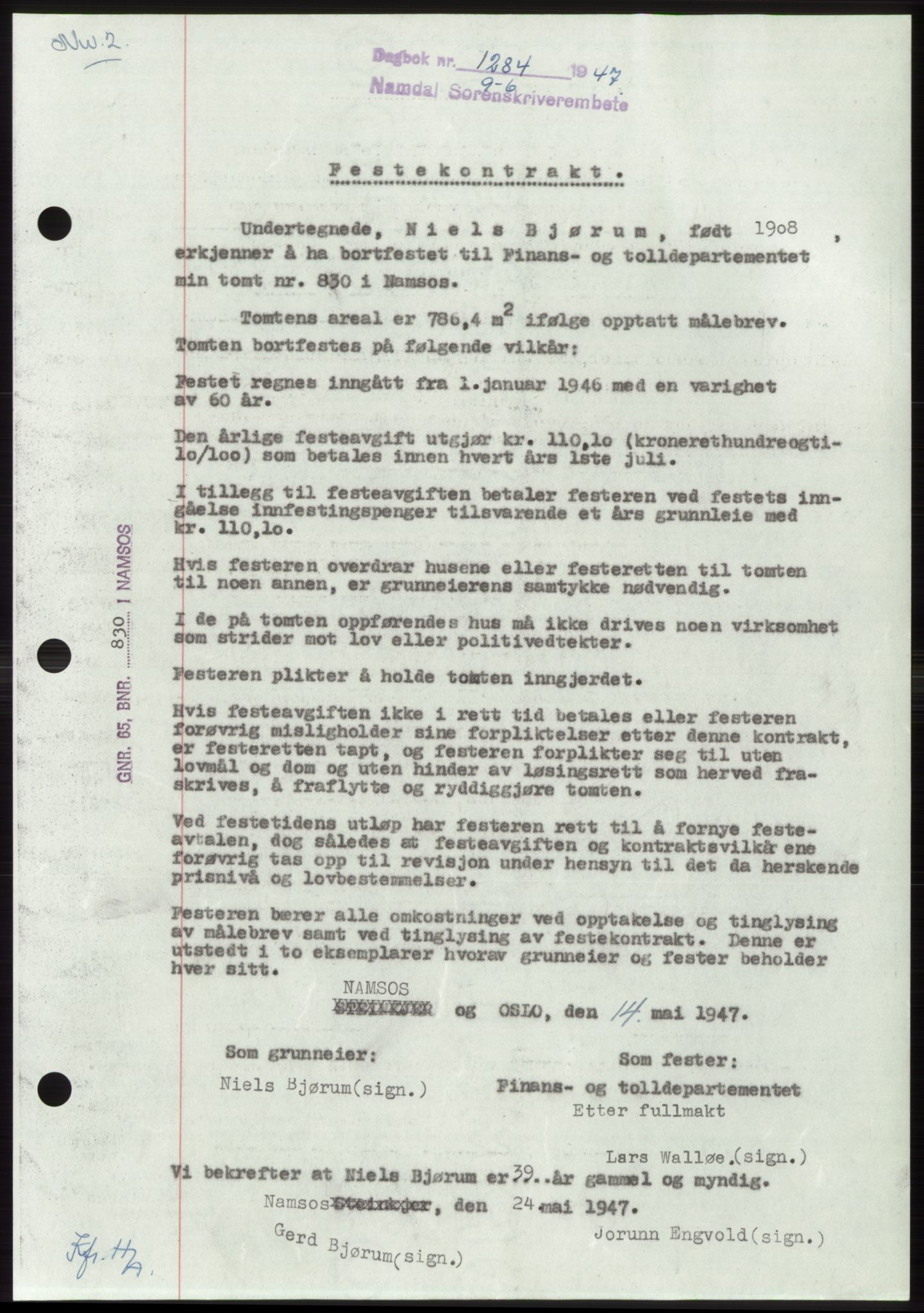 Namdal sorenskriveri, SAT/A-4133/1/2/2C: Pantebok nr. -, 1947-1947, Dagboknr: 1284/1947