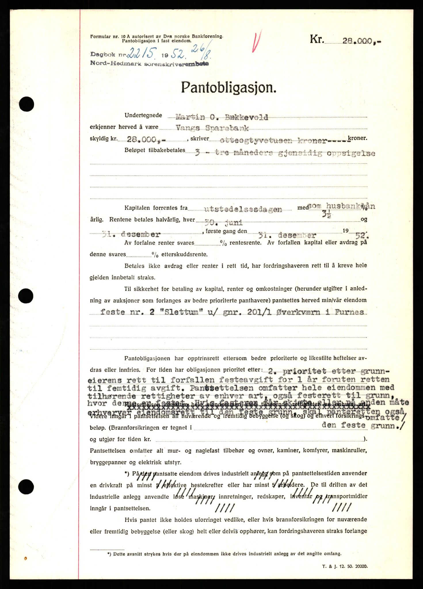 Nord-Hedmark sorenskriveri, SAH/TING-012/H/Hb/Hbf/L0025: Pantebok nr. B25, 1952-1952, Dagboknr: 2215/1952