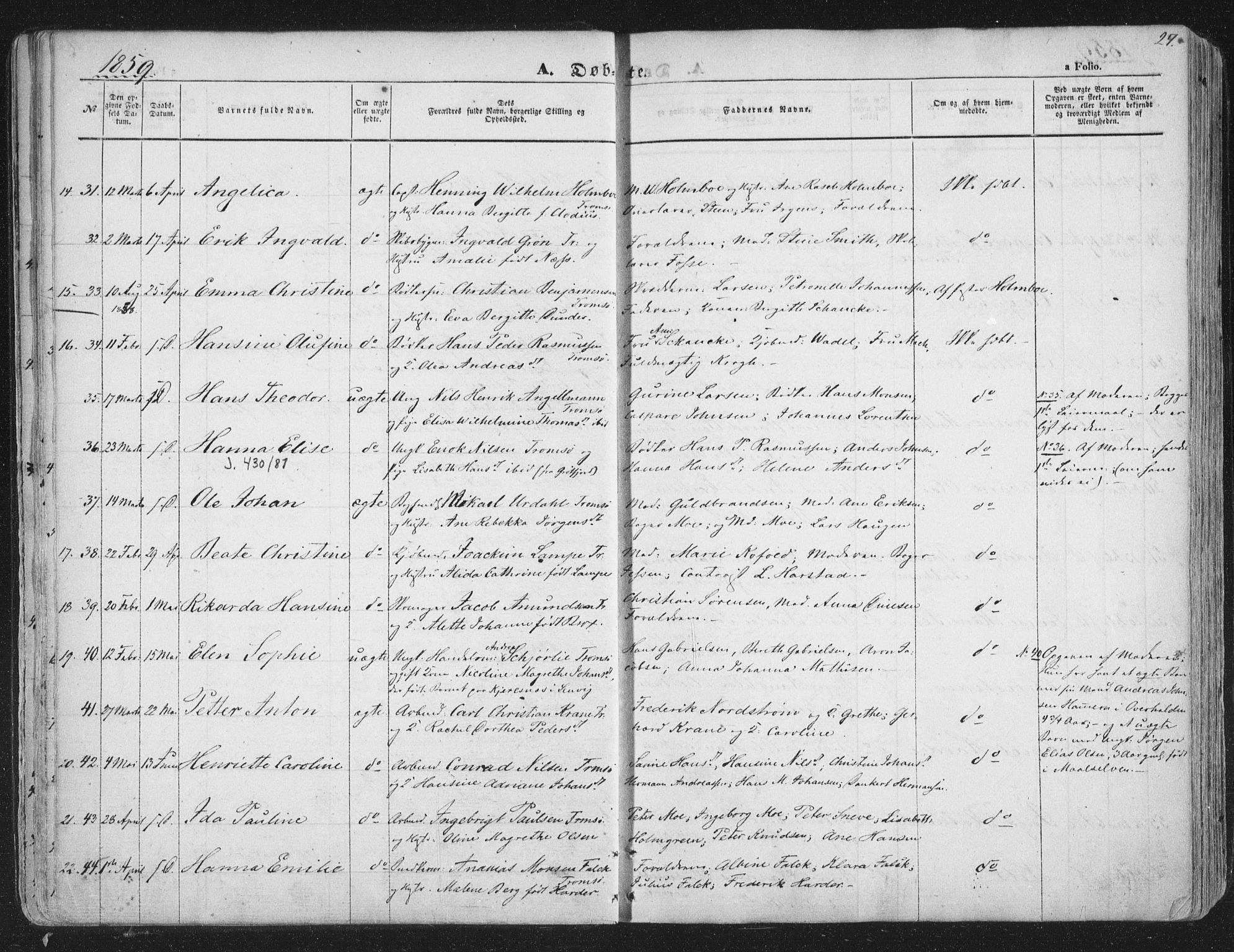 Tromsø sokneprestkontor/stiftsprosti/domprosti, AV/SATØ-S-1343/G/Ga/L0011kirke: Ministerialbok nr. 11, 1856-1865, s. 27