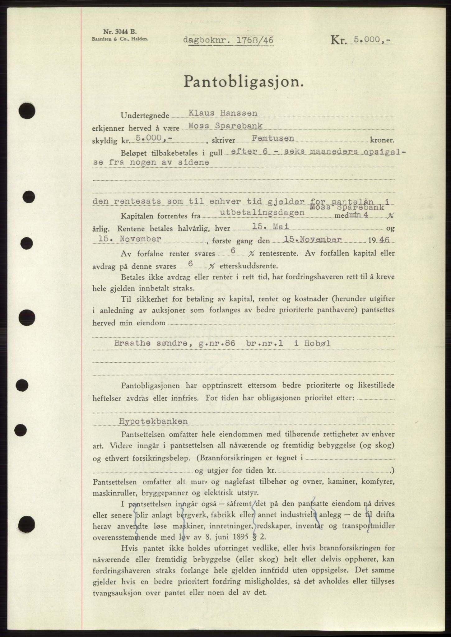 Moss sorenskriveri, SAO/A-10168: Pantebok nr. B15, 1946-1946, Dagboknr: 1768/1946