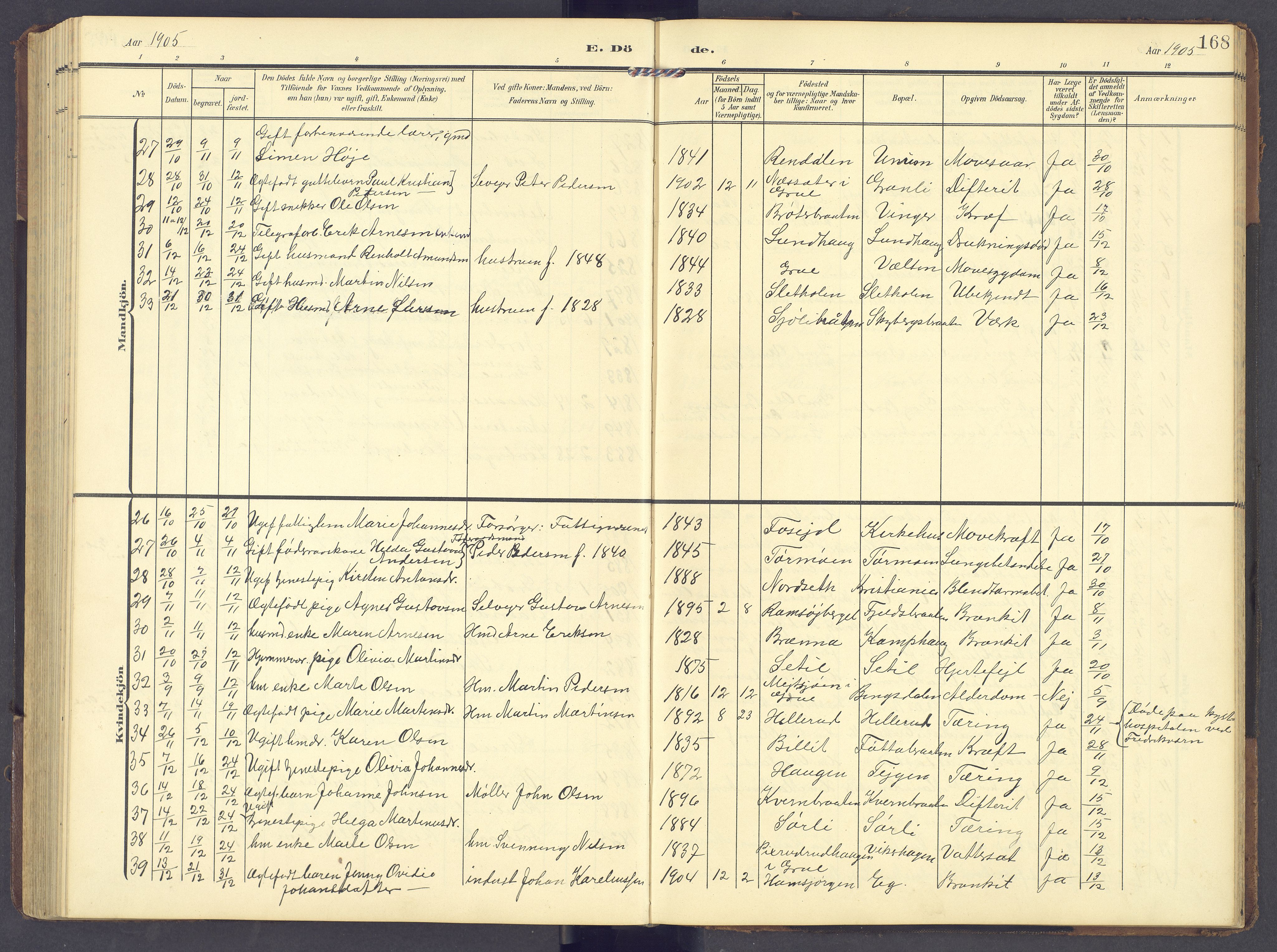 Brandval prestekontor, AV/SAH-PREST-034/H/Ha/Hab/L0003: Klokkerbok nr. 3, 1904-1917, s. 168