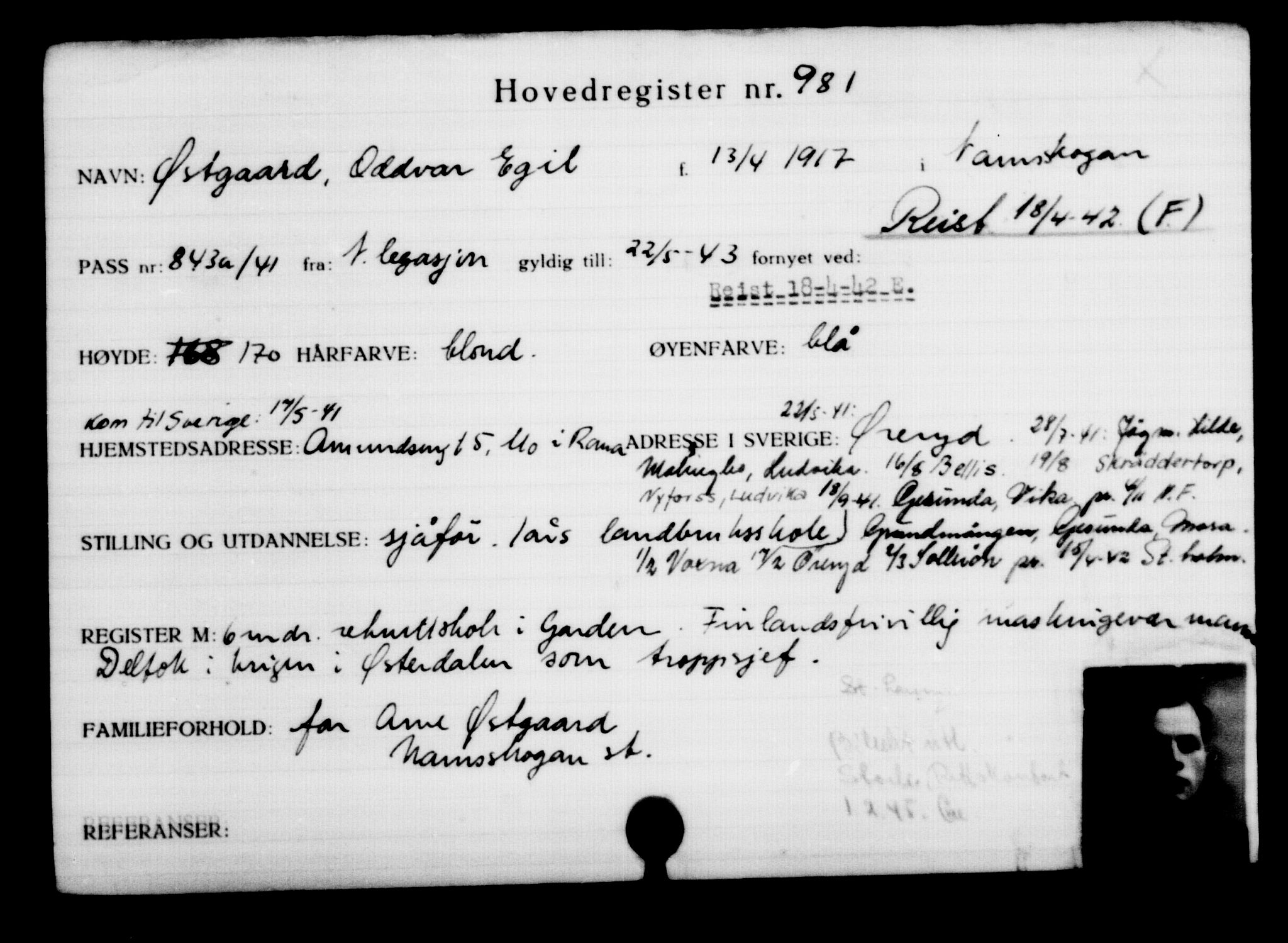 Utenriksstasjonene, Legasjonen i Stockholm, Flyktningkontoret, AV/RA-S-6753/V/Va/L0001: Kjesäterkartoteket, flyktninger med registreringsnr. 1-1000, 1940-1945, s. 1522