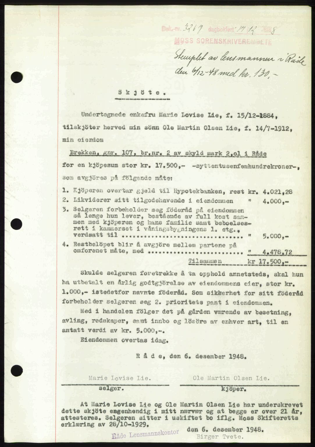 Moss sorenskriveri, SAO/A-10168: Pantebok nr. A20, 1948-1948, Dagboknr: 3267/1948