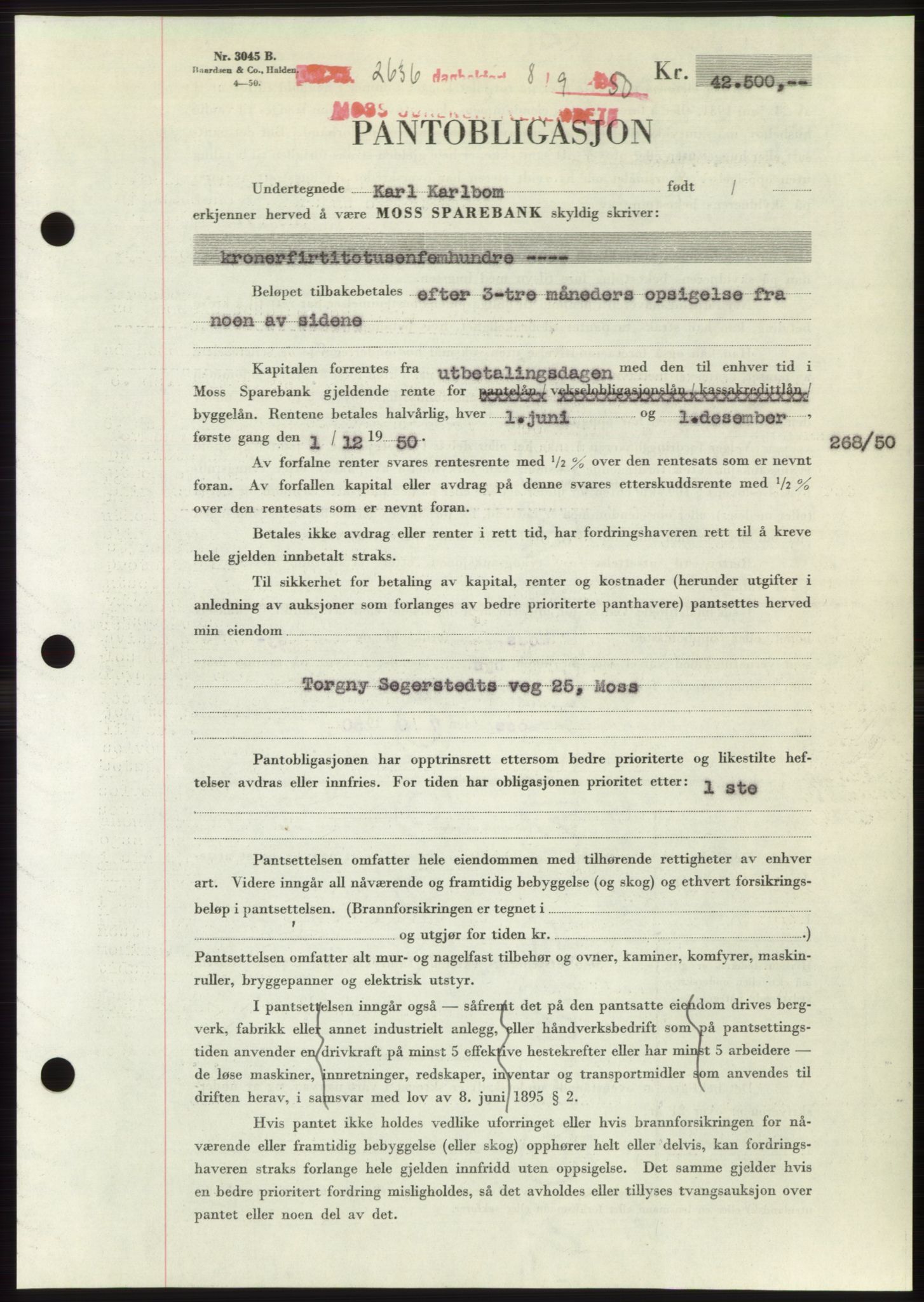 Moss sorenskriveri, SAO/A-10168: Pantebok nr. B25, 1950-1950, Dagboknr: 2636/1950