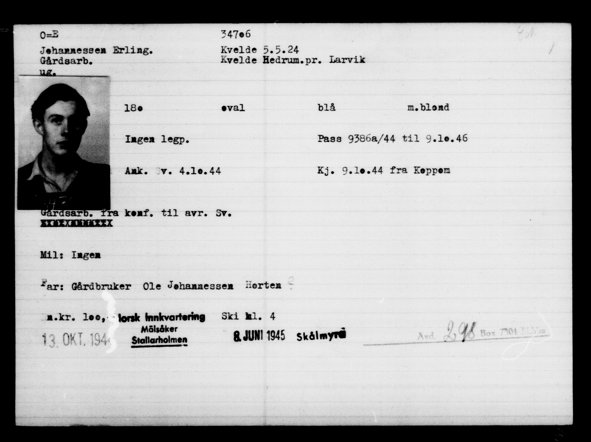 Utenriksstasjonene, Legasjonen i Stockholm, Flyktningkontoret, AV/RA-S-6753/V/Va/L0013: Kjesäterkartoteket, flyktninger med registreringsnr. 31500-34731, 1940-1945, s. 3379