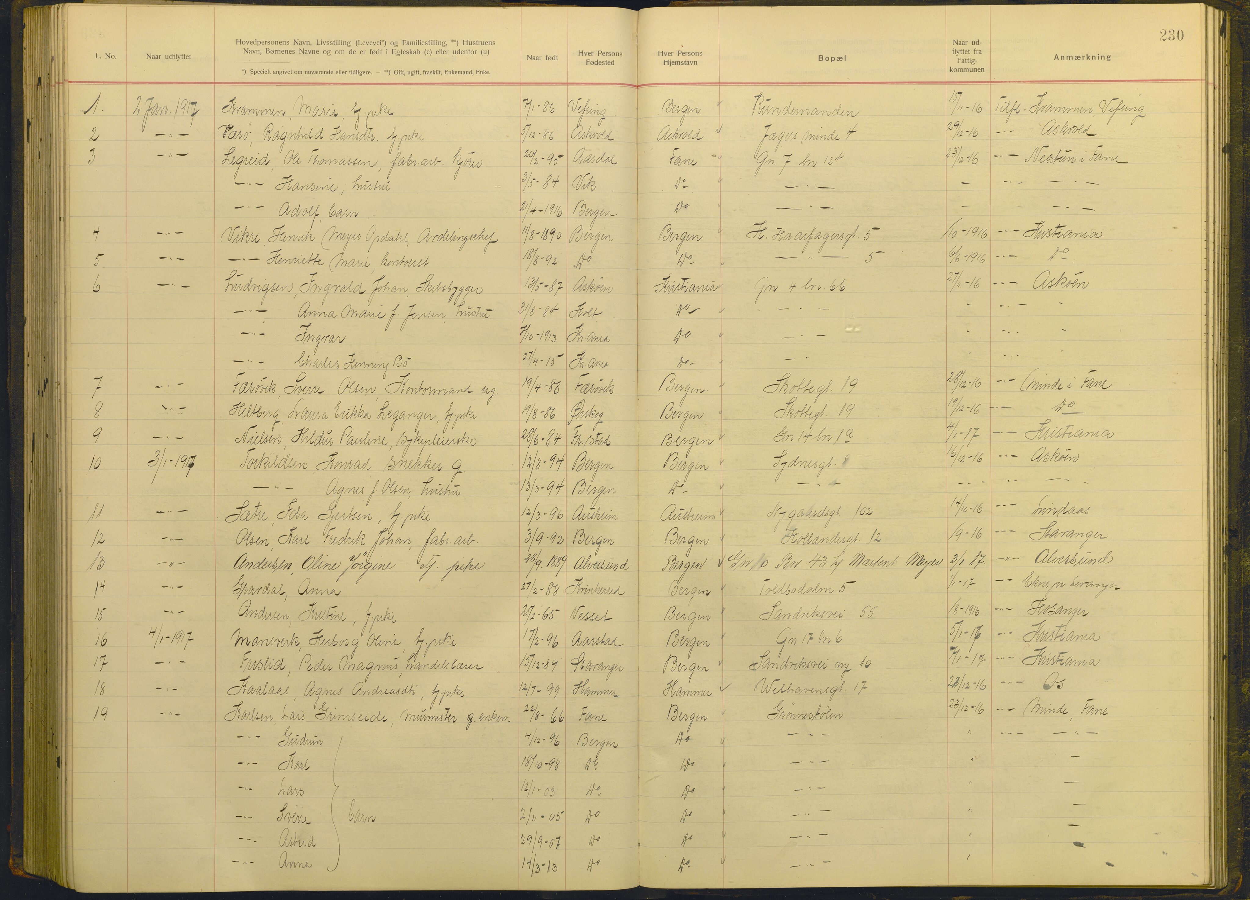 Bergen politikammer / politidistrikt, AV/SAB-A-60401/J.g/L0010: Protokoll over utflyttede, 1914-1917, s. 230