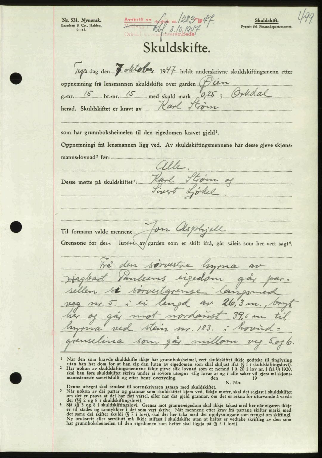 Orkdal sorenskriveri, SAT/A-4169/1/2/2C: Pantebok nr. A, 1947-1947, Dagboknr: 1283/1947