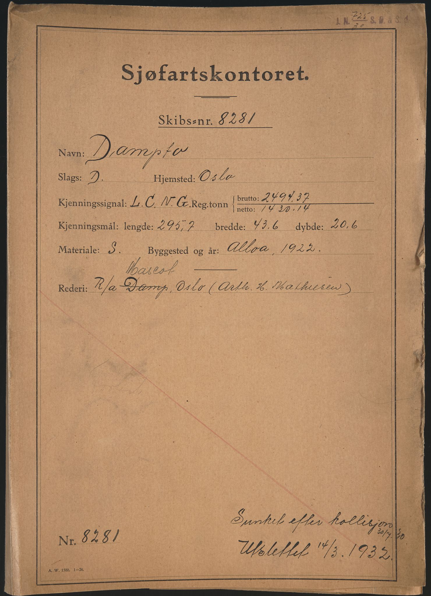 Sjøfartsdirektoratet med forløpere, skipsmapper slettede skip, RA/S-4998/F/Fa/L0230: --, 1922-1935, s. 391