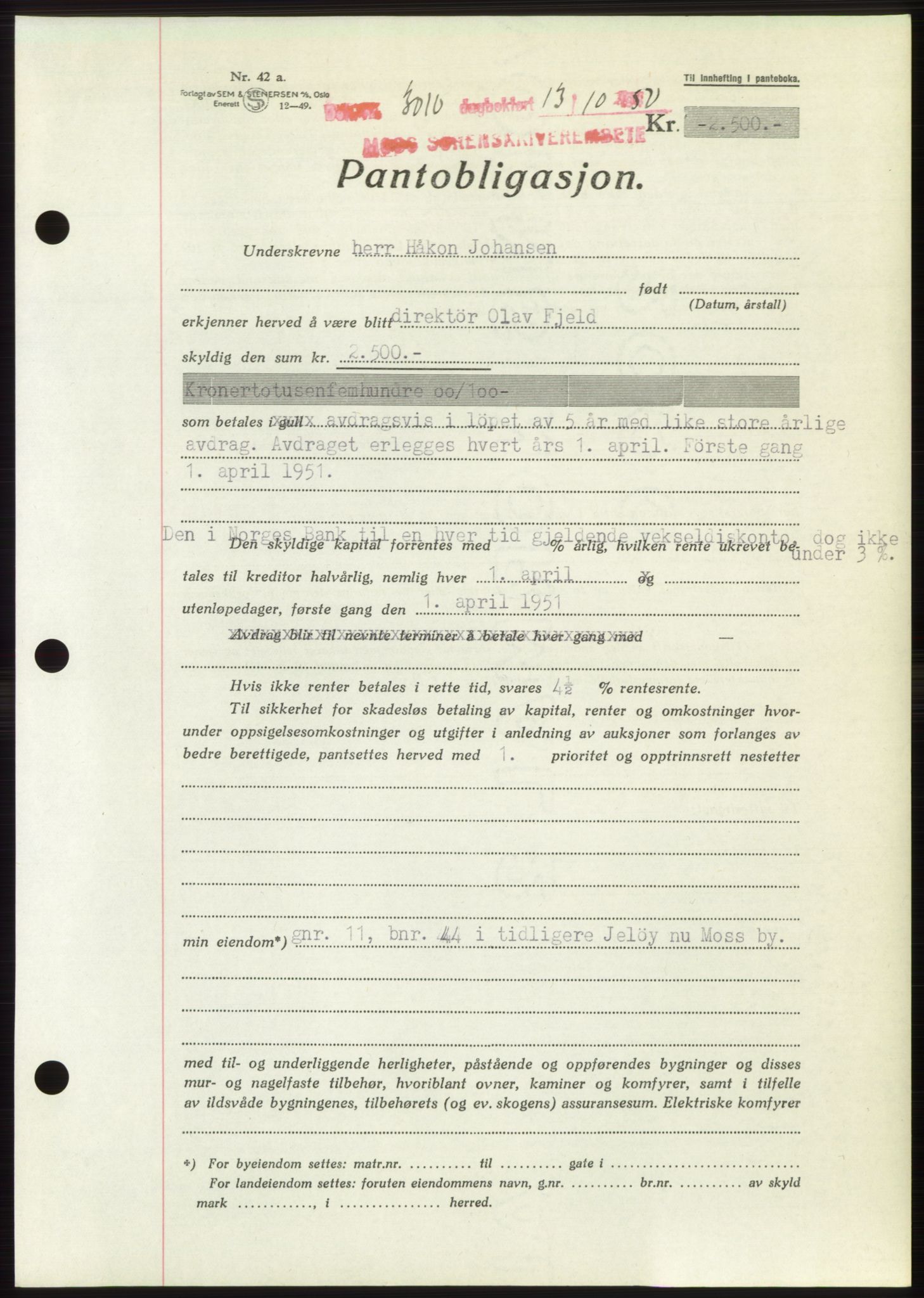Moss sorenskriveri, SAO/A-10168: Pantebok nr. B25, 1950-1950, Dagboknr: 3010/1950