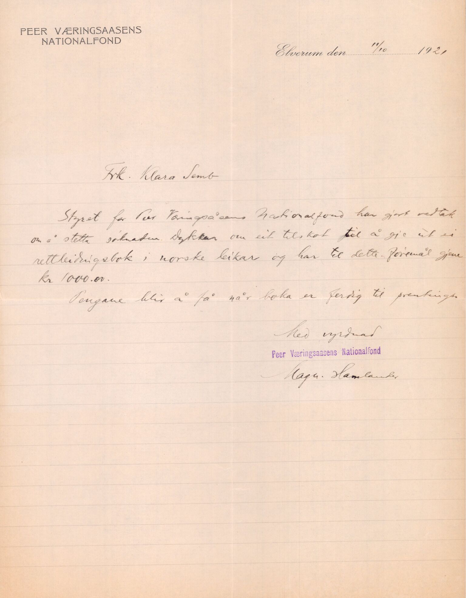 Samling etter Klara Semb, NSFF/KS/C/166: Brev til Klara Semb frå Peer Væringsaasens Nationalfond om stønad til Norske Folkedansar II, 1921