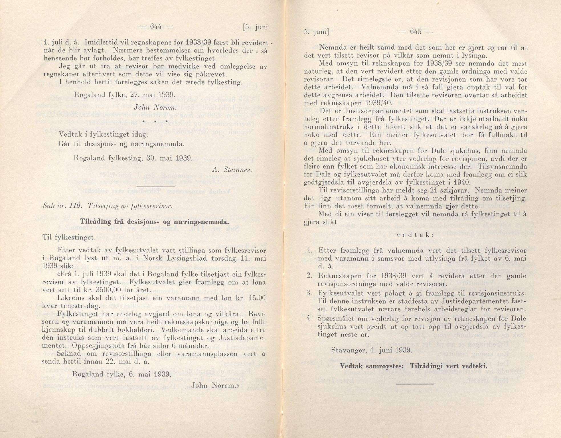 Rogaland fylkeskommune - Fylkesrådmannen , IKAR/A-900/A/Aa/Aaa/L0058: Møtebok , 1939, s. 644-645